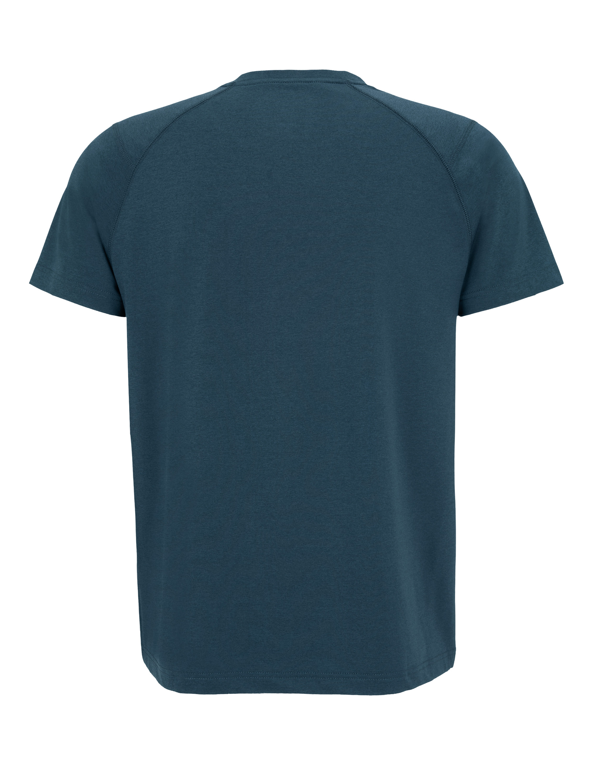 Ein dunkelblaues, kurzärmliges T-Shirt aus Baumwolle mit Rundhalsausschnitt, schlichtem Design und regelmäßigem Schnitt, von hinten.