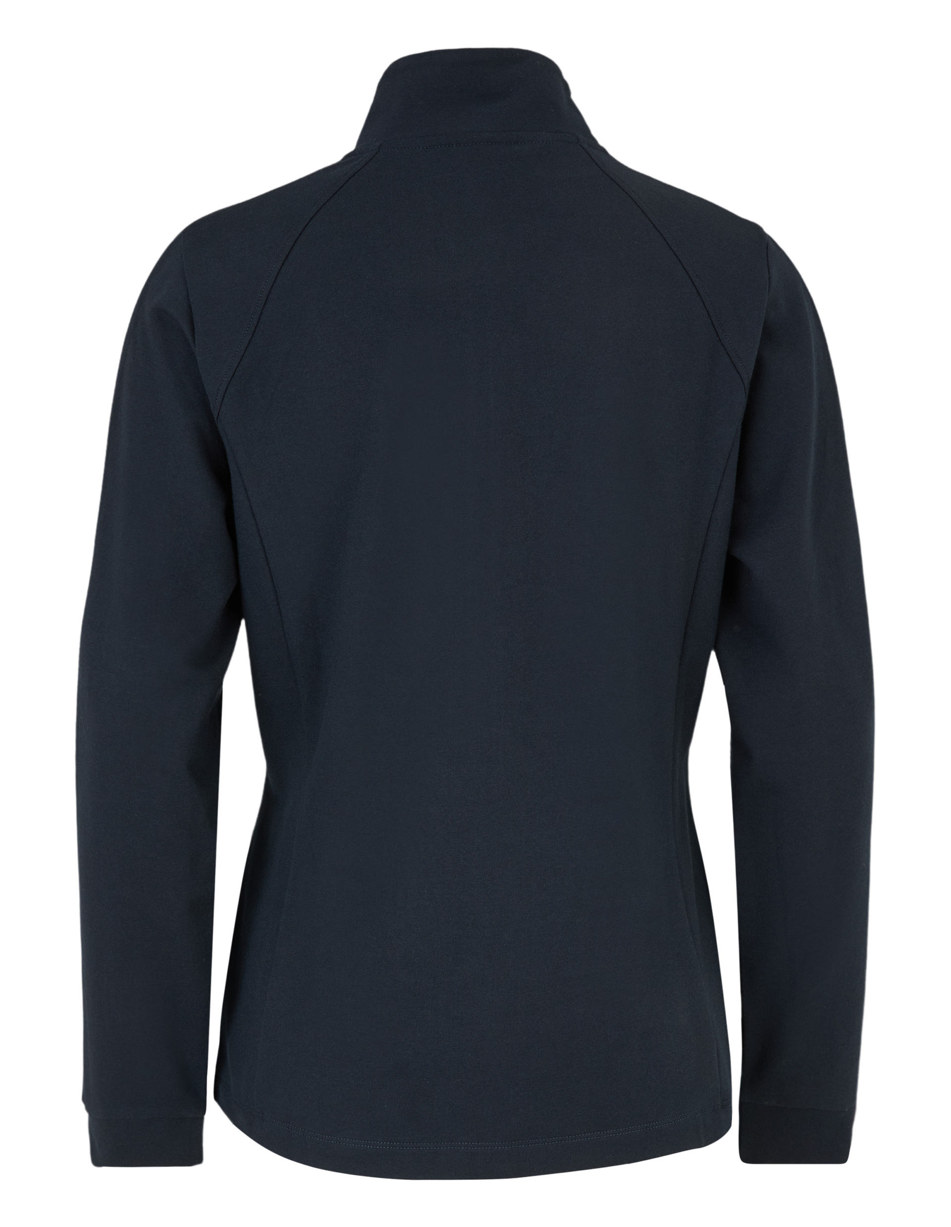 Schwarze Jacke mit langen Ärmeln und hohem Kragen, Rückansicht, schlichtes Design mit sauberen Nähten, ohne sichtbare Logos.