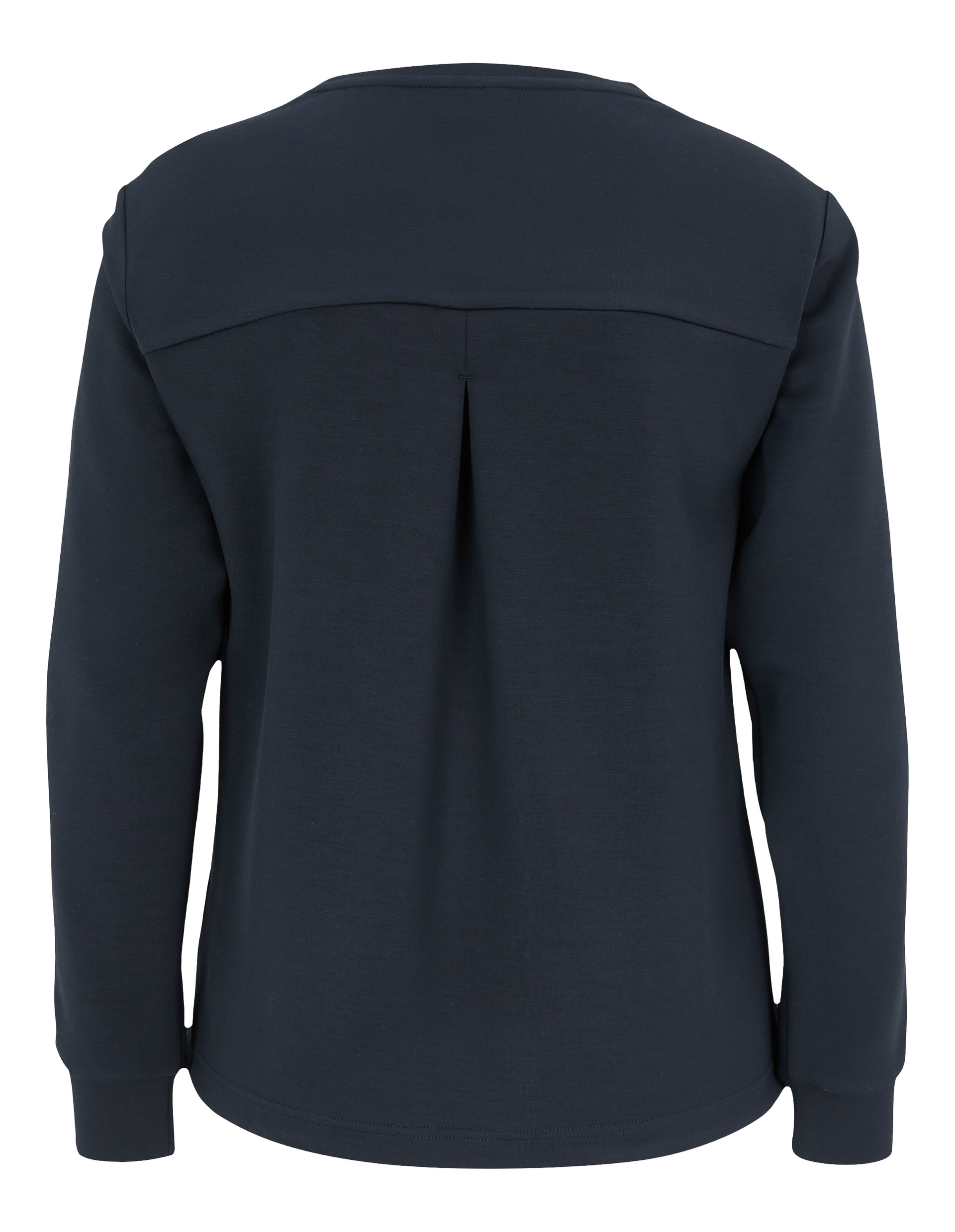 Dunkelblauer Pullover von hinten mit langen Ärmeln, gerader Saum, Rückenpasse und mittiger Falte für dezente Details.