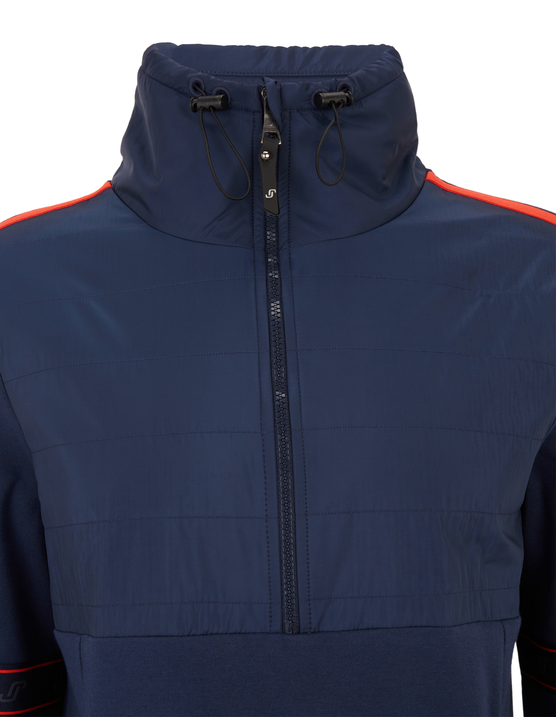 Dunkelblauer Sweatshirt-Pullover mit hohem Kragen, rotem Zierstreifen auf den Ärmeln und Kapuzenzugband.