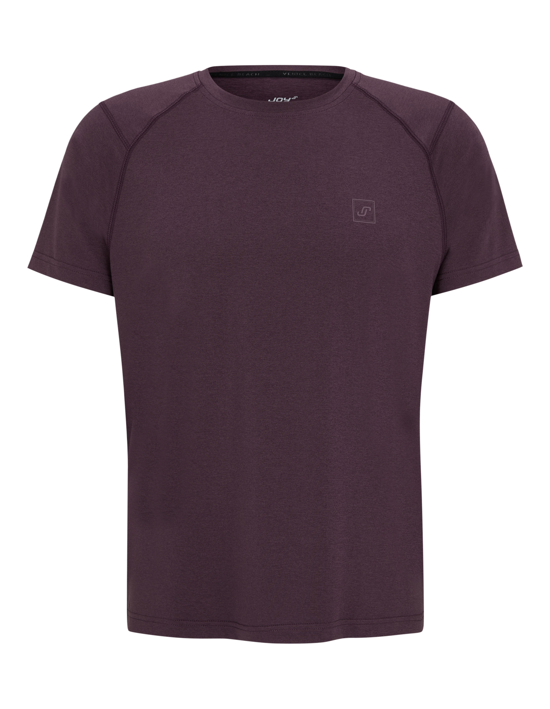 Ein einfarbiges, dunkelviolettes T-Shirt mit kurzen Ärmeln und rundem Halsausschnitt, minimalistisches Design.