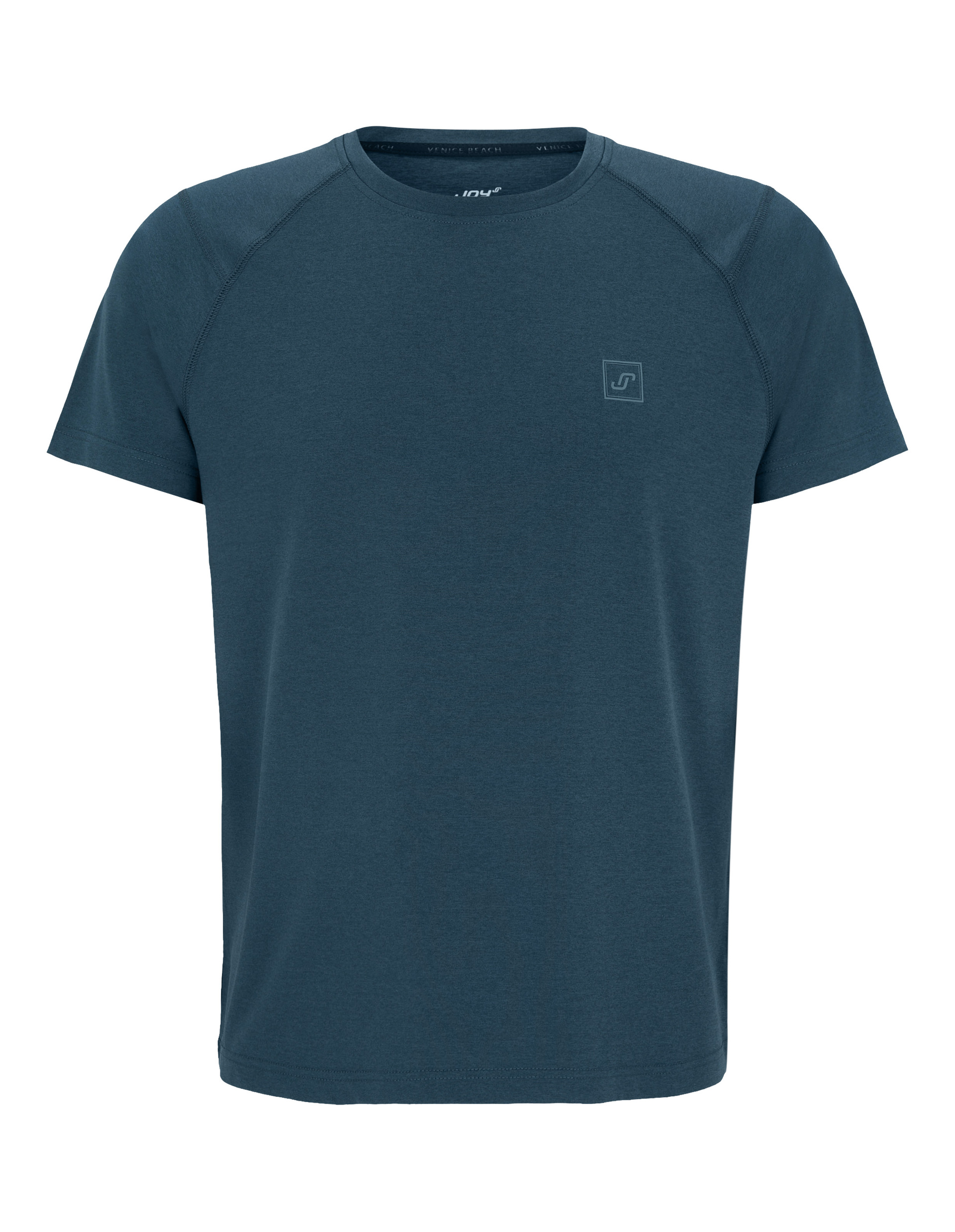 Blaues, kurzärmeliges T-Shirt mit Rundhalsausschnitt und kleinem Logo auf der linken Brustseite, schlichtes Design.