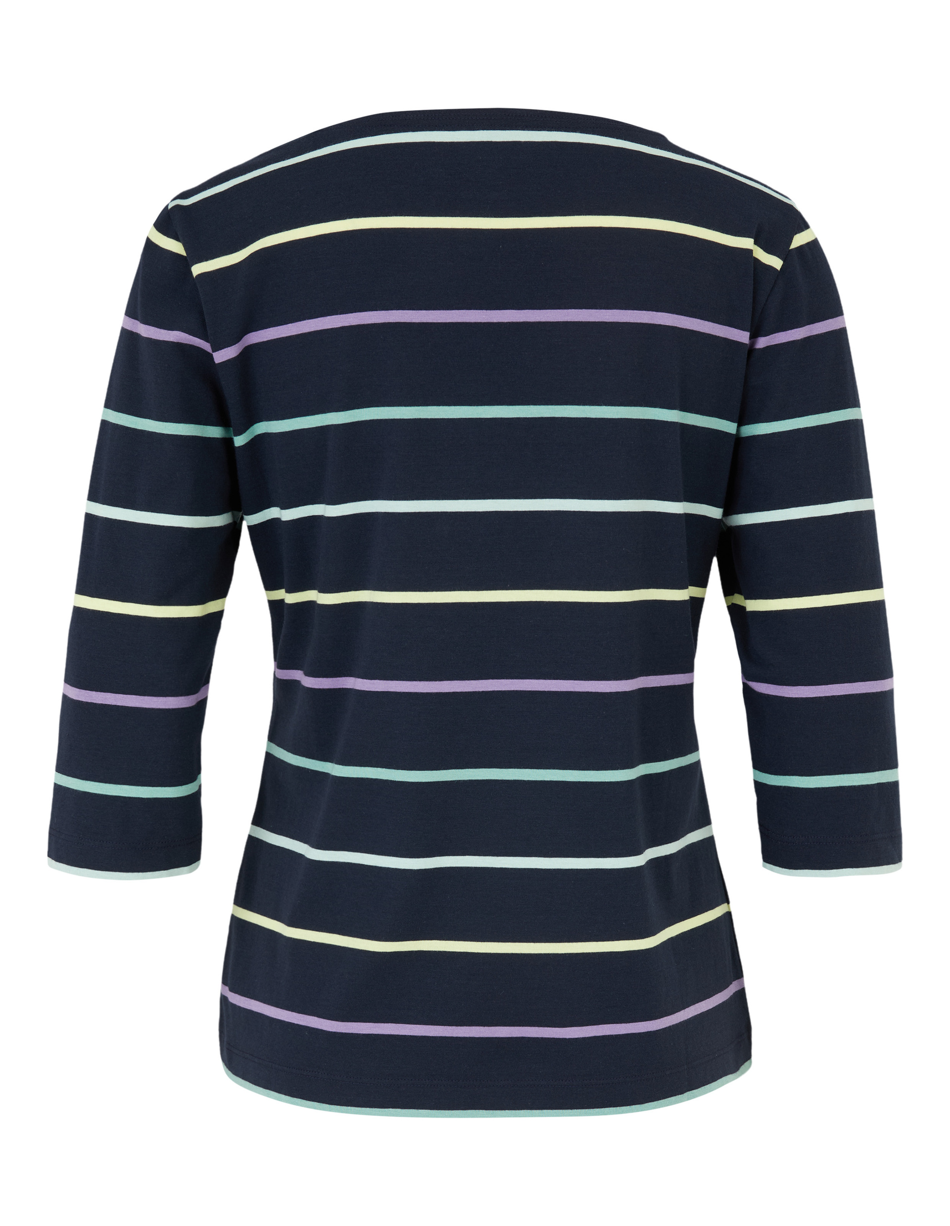 Dunkelblaues Langarmshirt mit horizontalen, pastellfarbenen Streifen in Gelb, Lila und Grün, von hinten gezeigt.