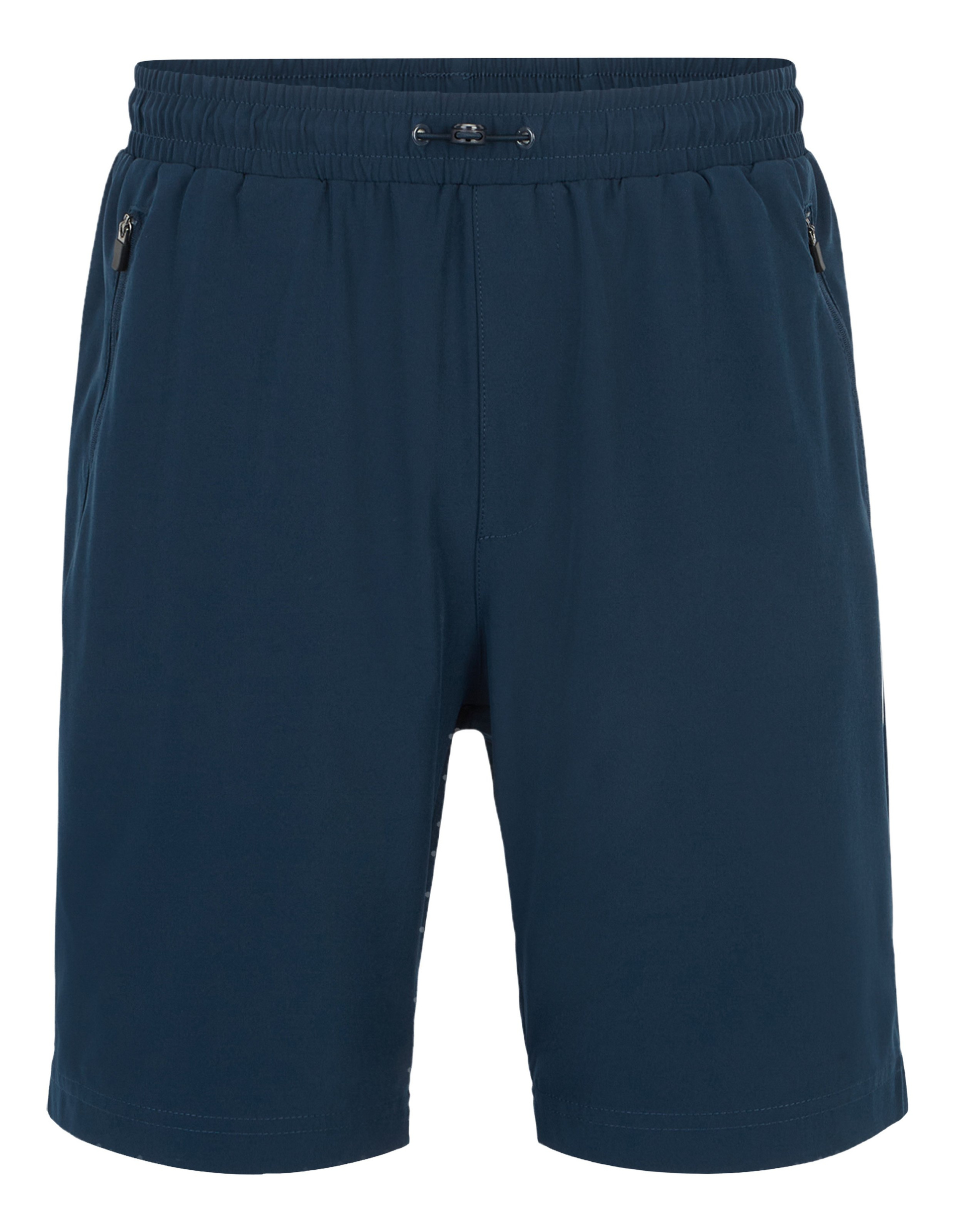 Dunkelblaue Shorts mit elastischem Bund, Kordelzug und seitlichen Reißverschlusstaschen, ideal für sportliche Aktivitäten.