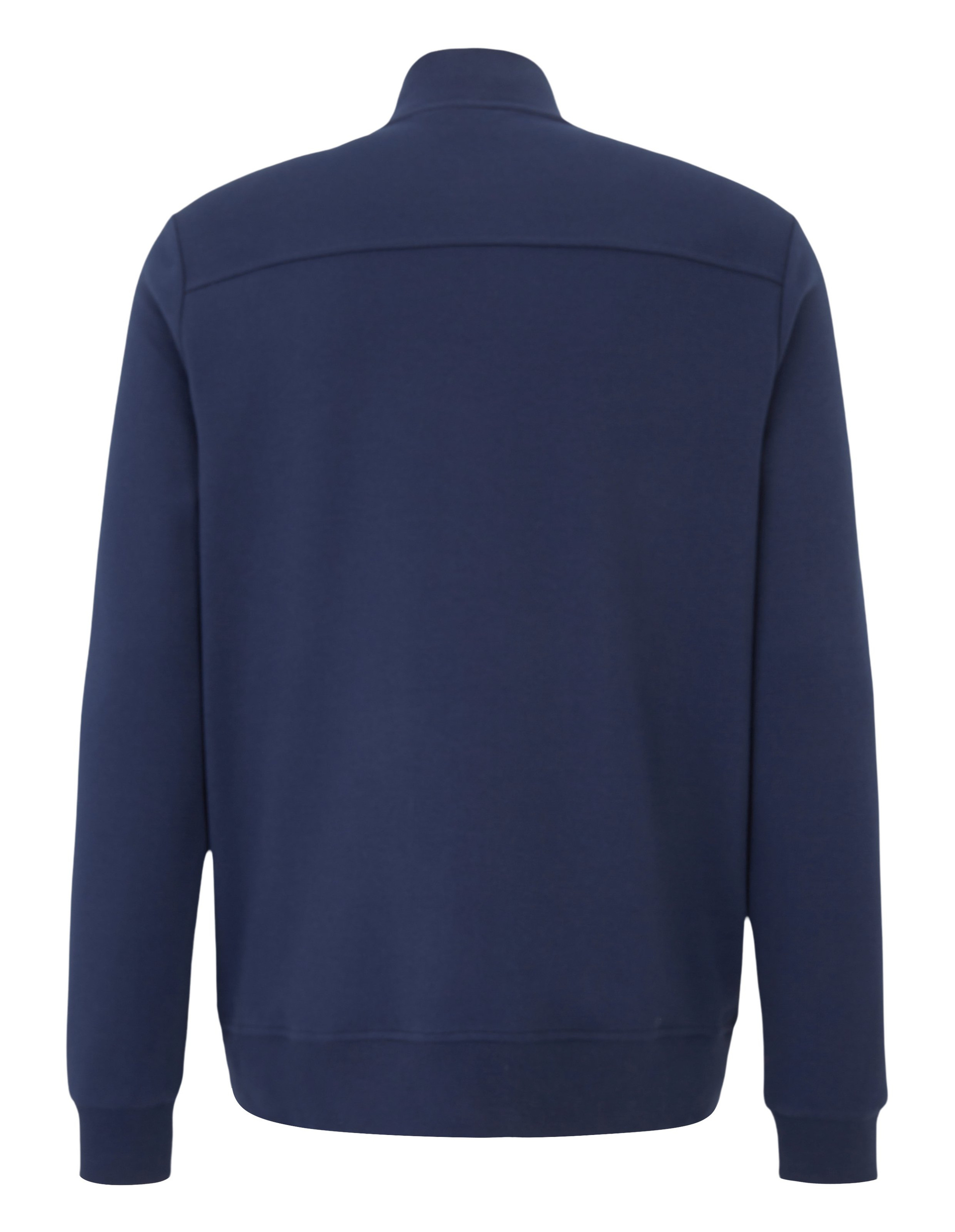 Dunkelblauer Pullover mit geradem Schnitt und langen Ärmeln, Rückansicht, aus weichem Material ohne erkennbare Verzierungen.