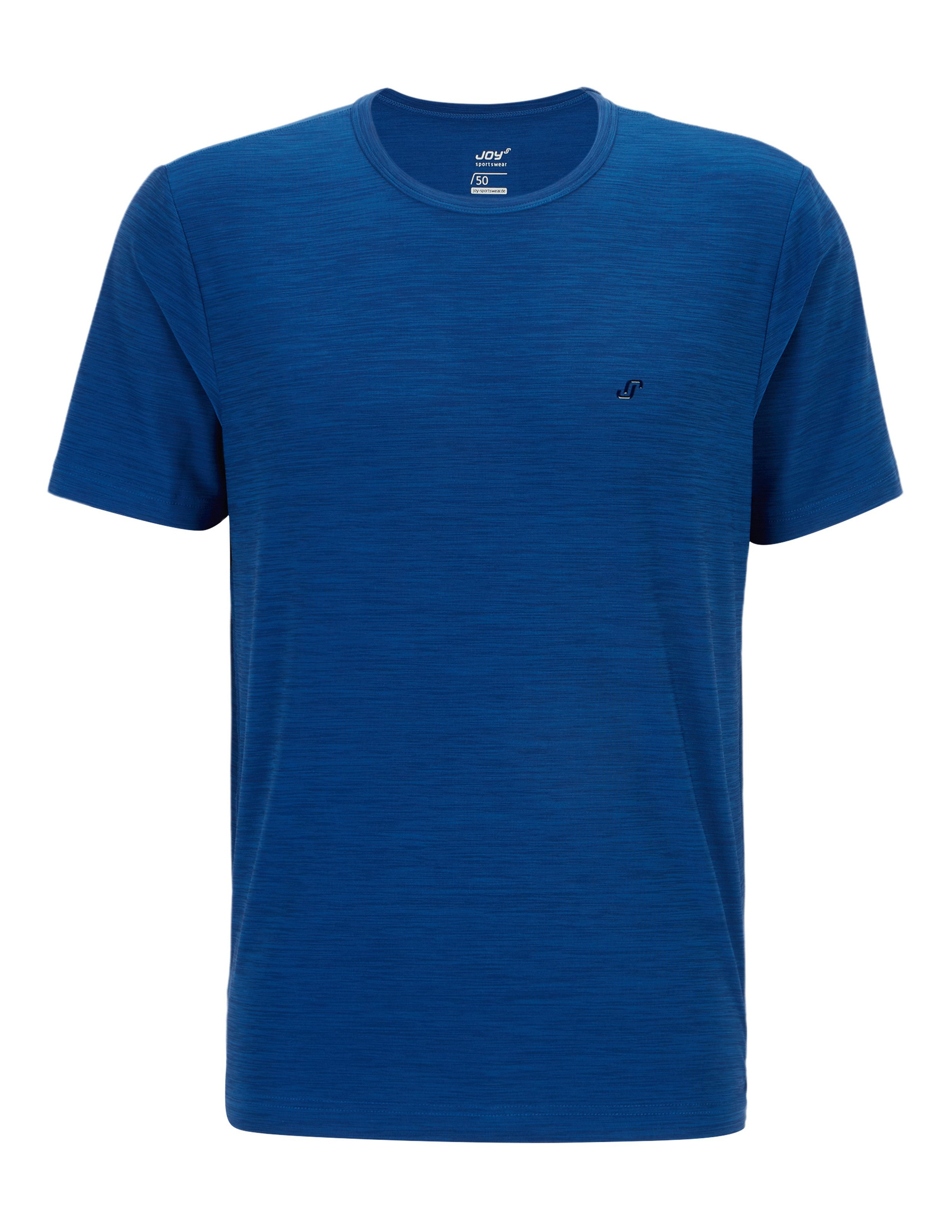 Blaues T-Shirt mit rundem Halsausschnitt, dezentem Logo auf der linken Brust, aus leicht meliertem Stoff, schlicht und sportlich.