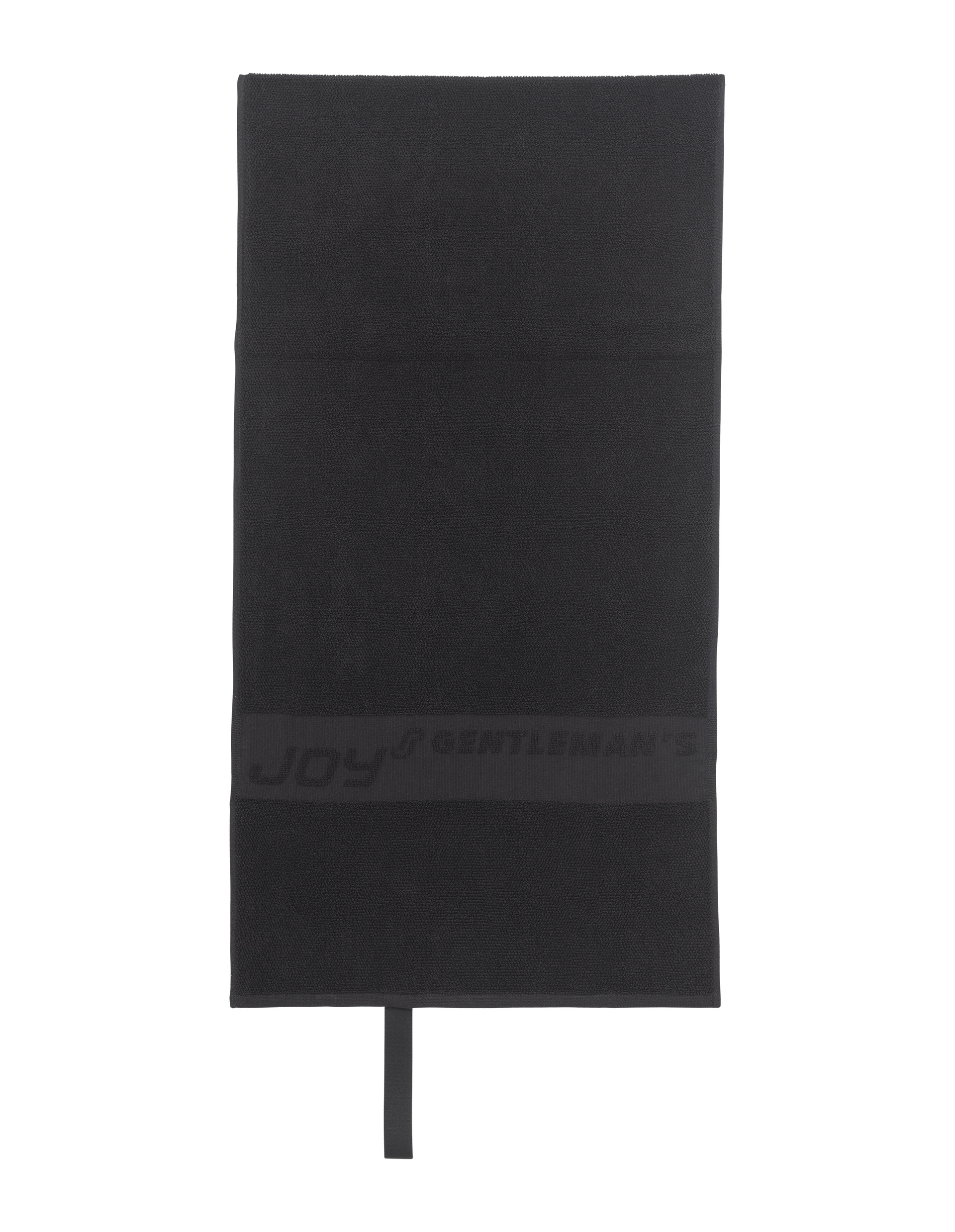 Schwarzes Handtuch mit Aufdruck "Joy Gentlemans" und Schlaufe zum Aufhängen, elegant und schlicht gestaltet.