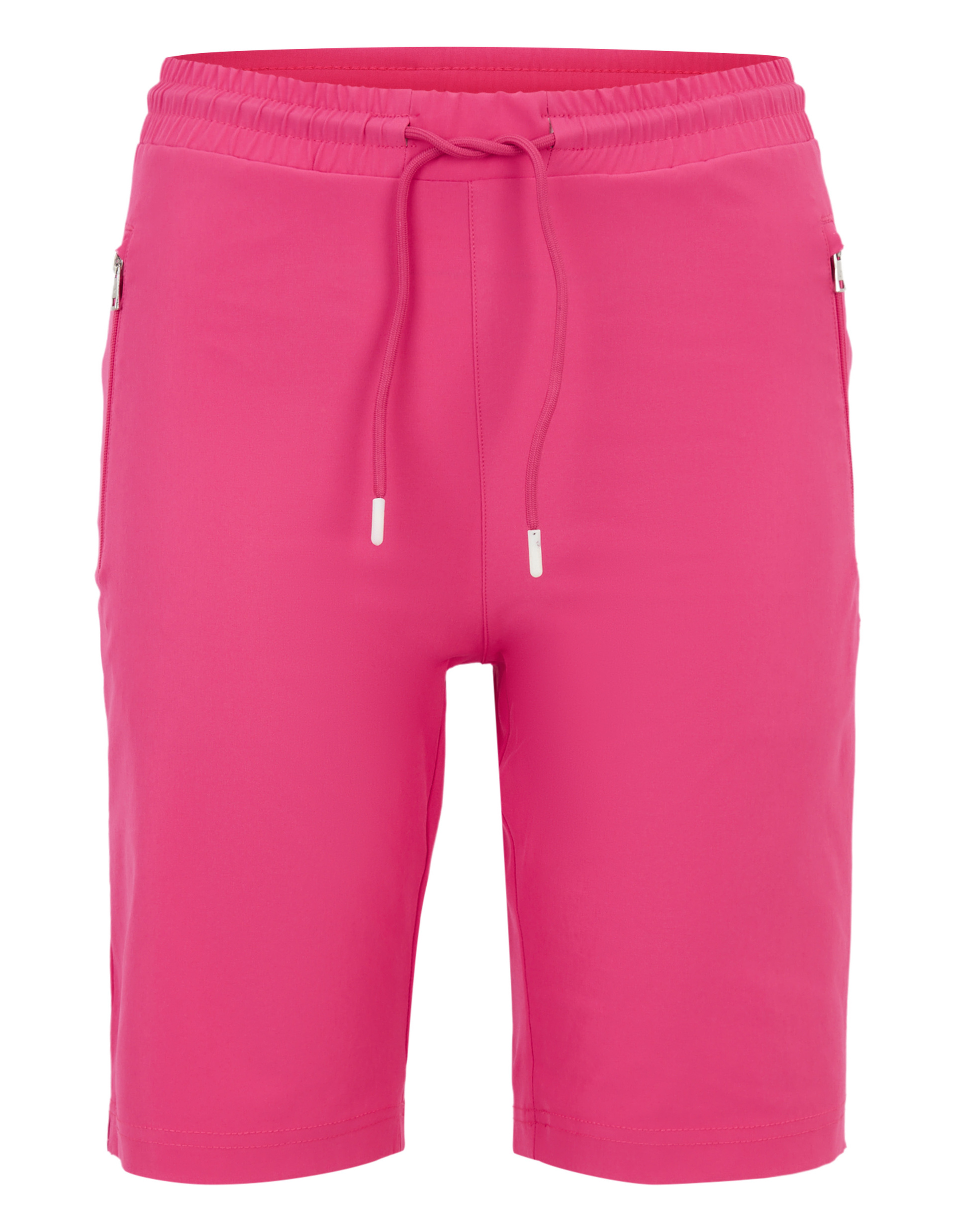 Eine leuchtend pinke Bermuda-Shorts mit elastischem Bund und Kordelzug, ausgestattet mit zwei seitlichen Reißverschlusstaschen.