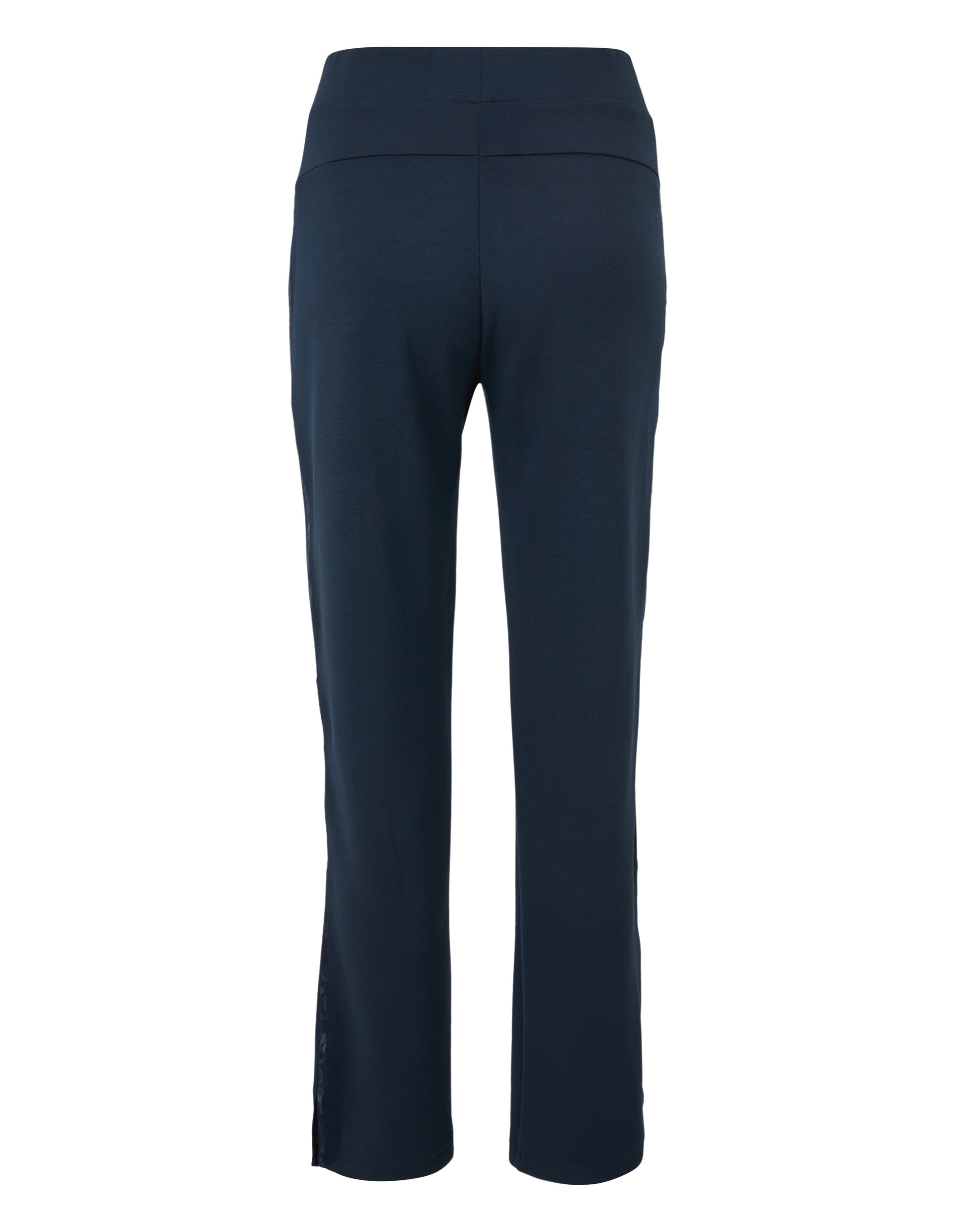 Dunkelblaue Hose mit geradem Schnitt und hohem Bund, Rückansicht zeigt schlichte Gestaltung ohne sichtbare Taschen oder Details.