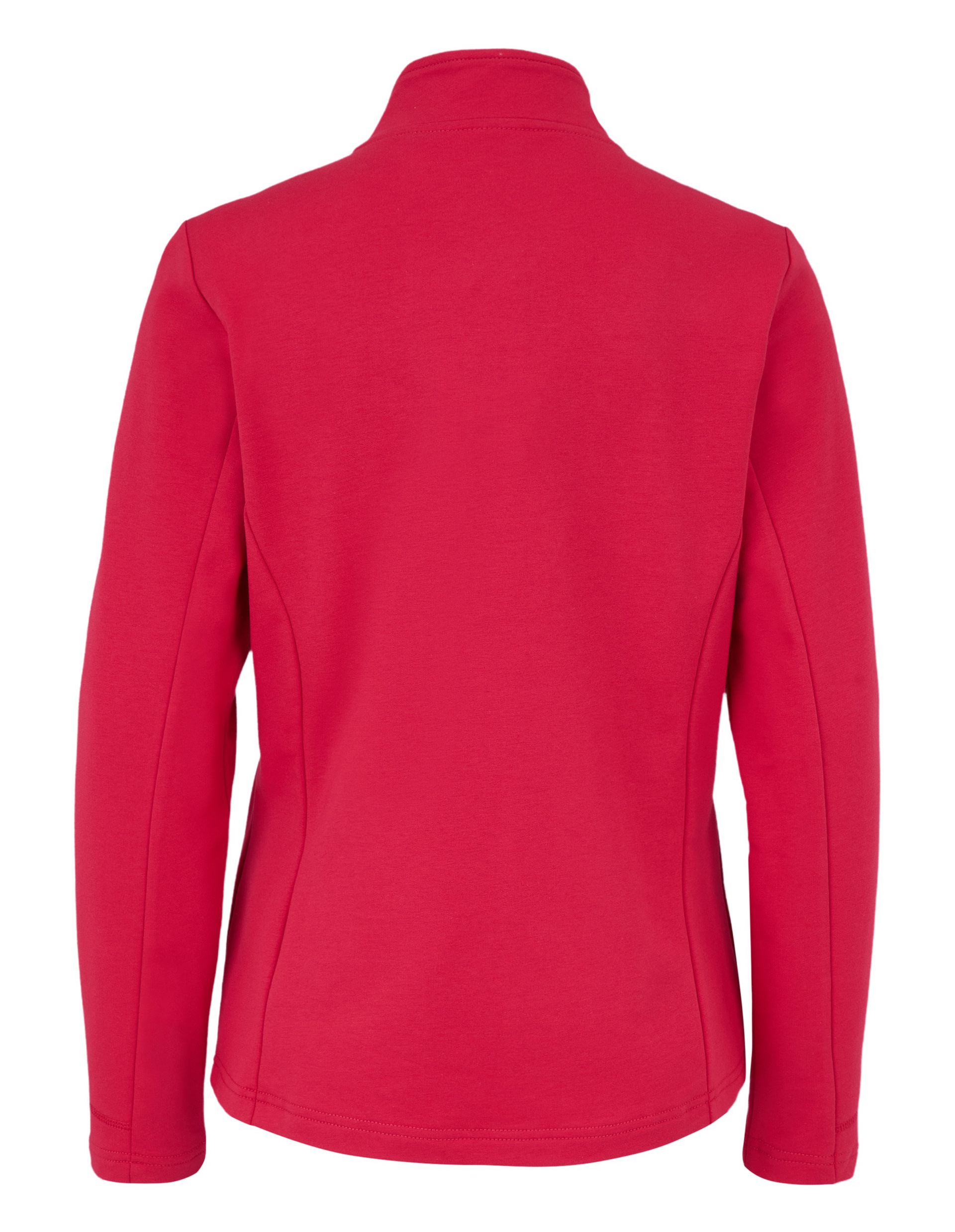 Rückansicht einer roten Damenjacke mit Stehkragen, langen Ärmeln und tailliertem Schnitt, aus glattem, weichem Stoff.