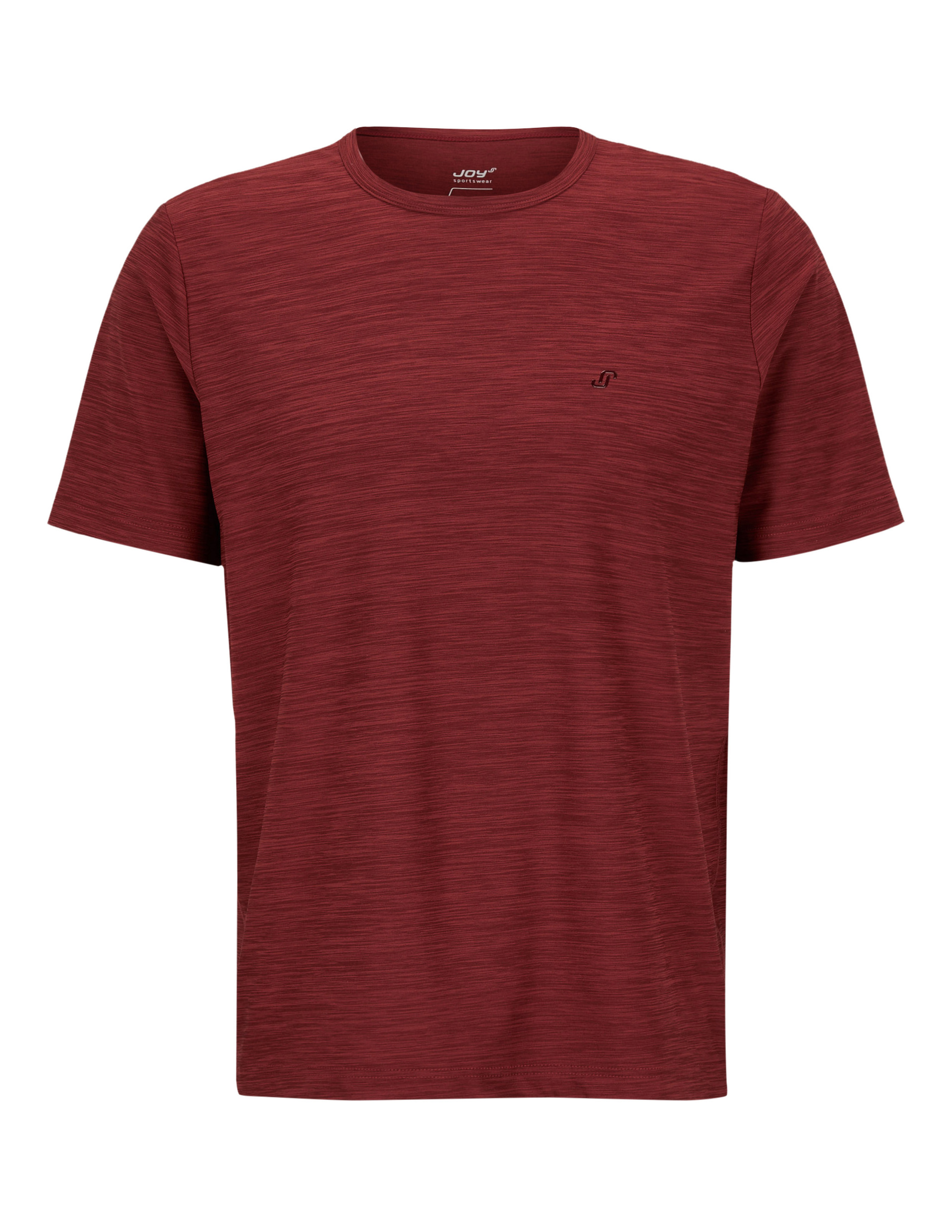 Rotes T-Shirt aus meliertem Stoff mit Rundhalsausschnitt und kleinem, dezentem Logo auf der Brust links.