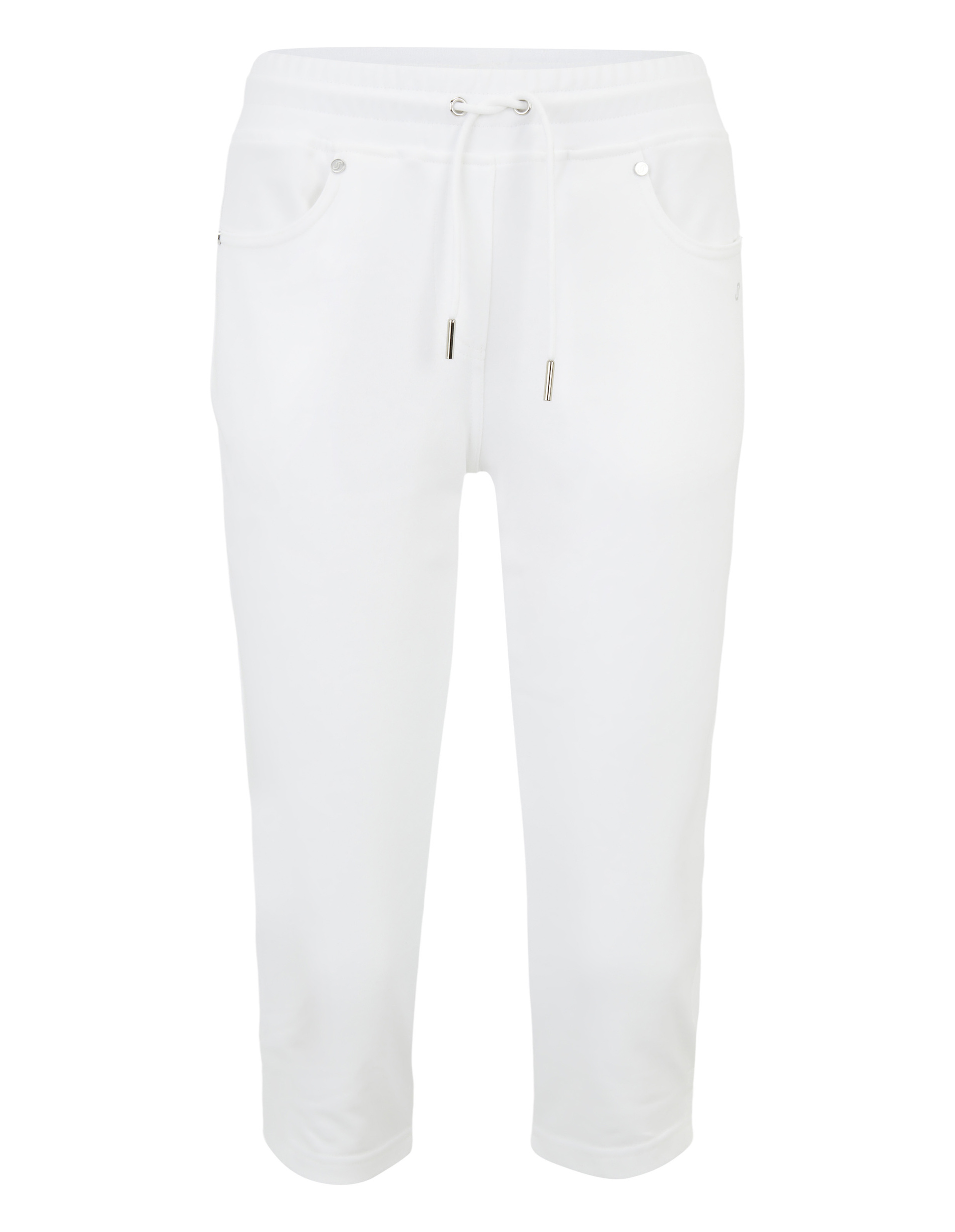Weiße, knielange Jogginghose mit elastischem Bund, Kordelzug und seitlichen Taschen, aus weichem Baumwollstoff gefertigt.
