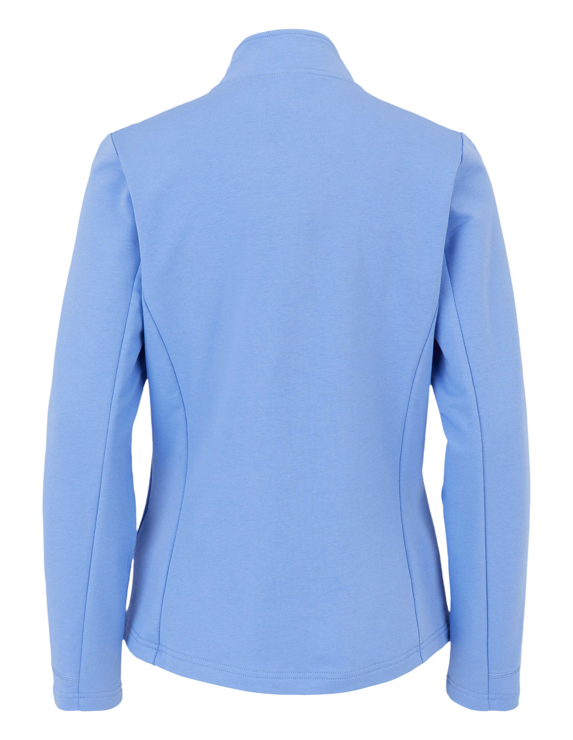 Hellblaue Jacke mit langen Ärmeln und hohem Kragen, Rückansicht, schlichtes Design ohne sichtbare Verzierungen oder Details.