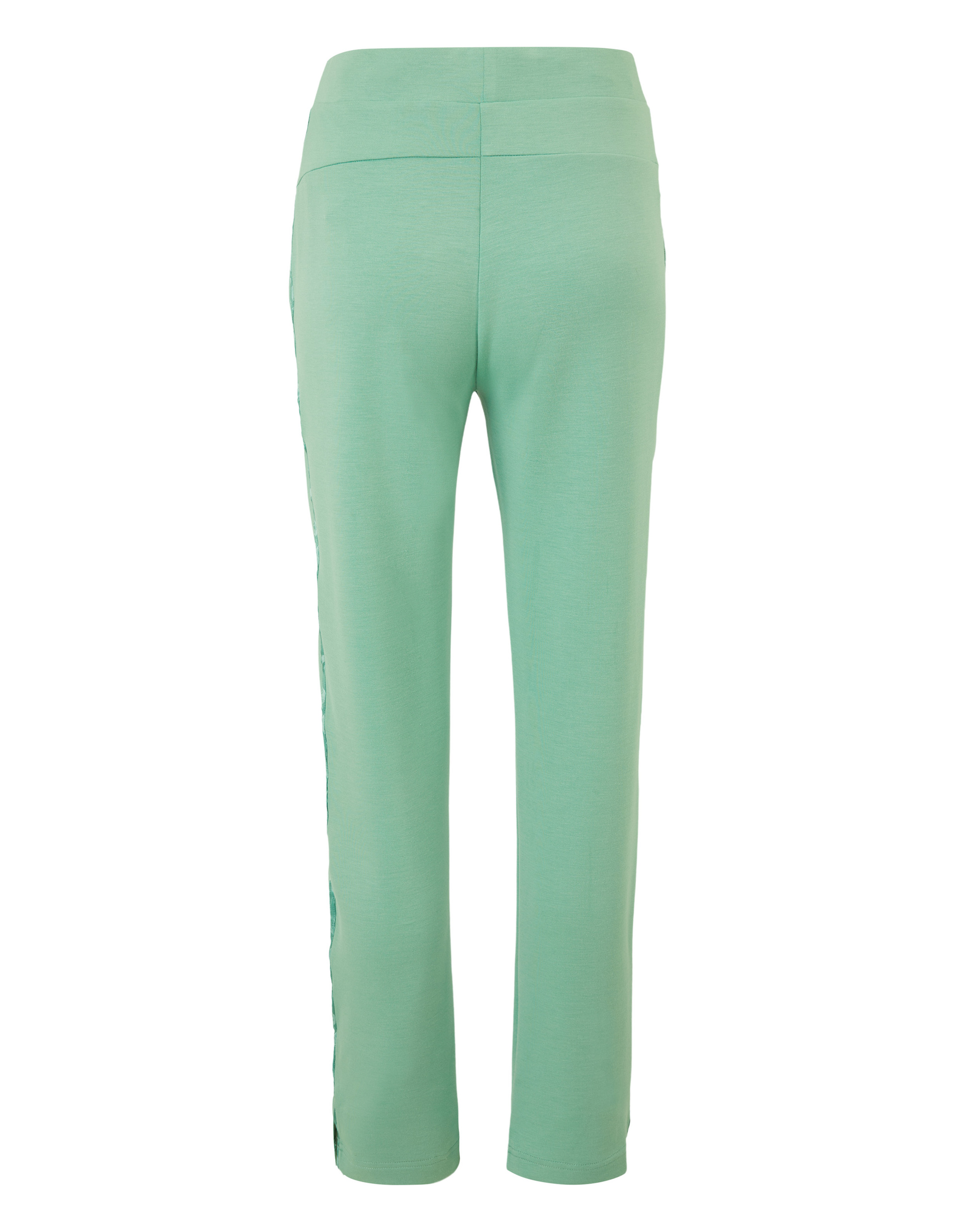 Mintgrüne Jogginghose mit hohem Bund und geradem Schnitt, Rückansicht, mit seitlichen Einsätzen für einen sportlichen Look.