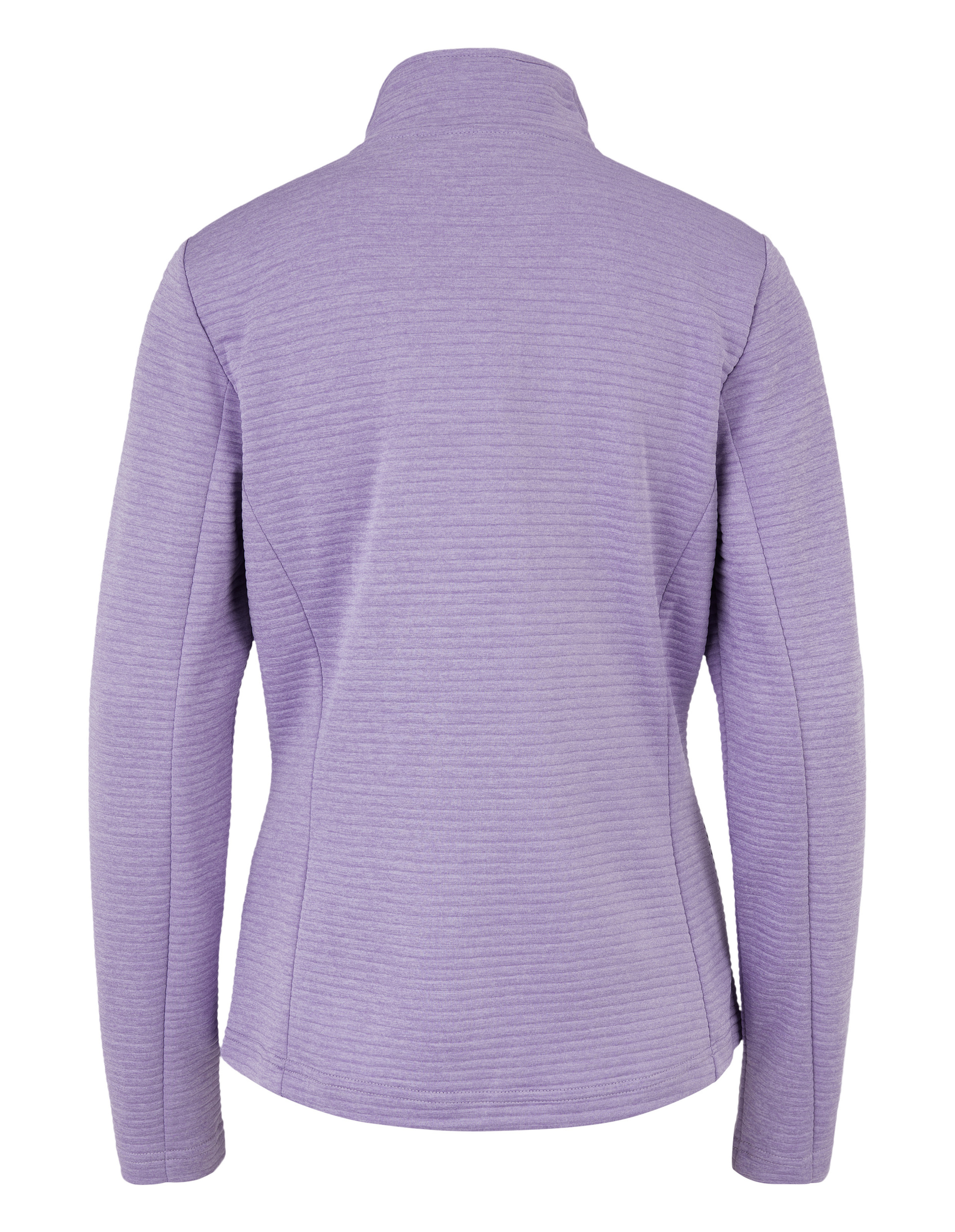 Lila pullover mit hochgeschlossenem Kragen und langen Ärmeln, geripptem Stoff und schmalem Schnitt, von hinten gesehen.