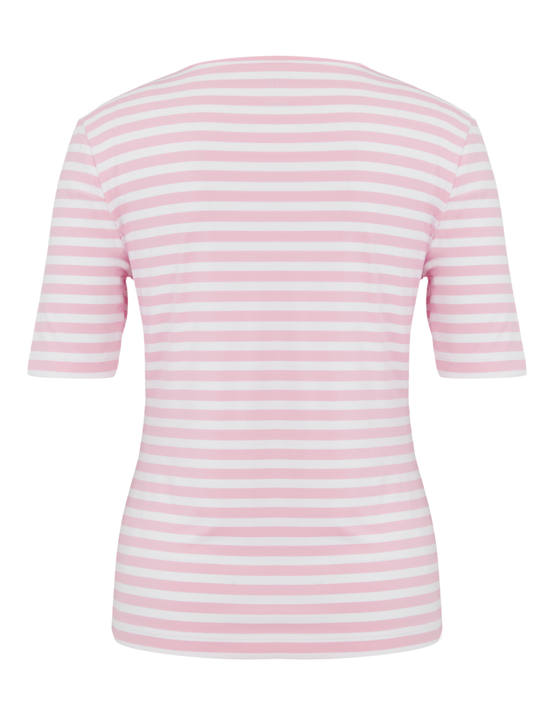 Ein Damen-T-Shirt mit kurzen Ärmeln in weiß-rosa gestreiftem Muster und rundem Halsausschnitt, aus weichem, leichtem Stoff.