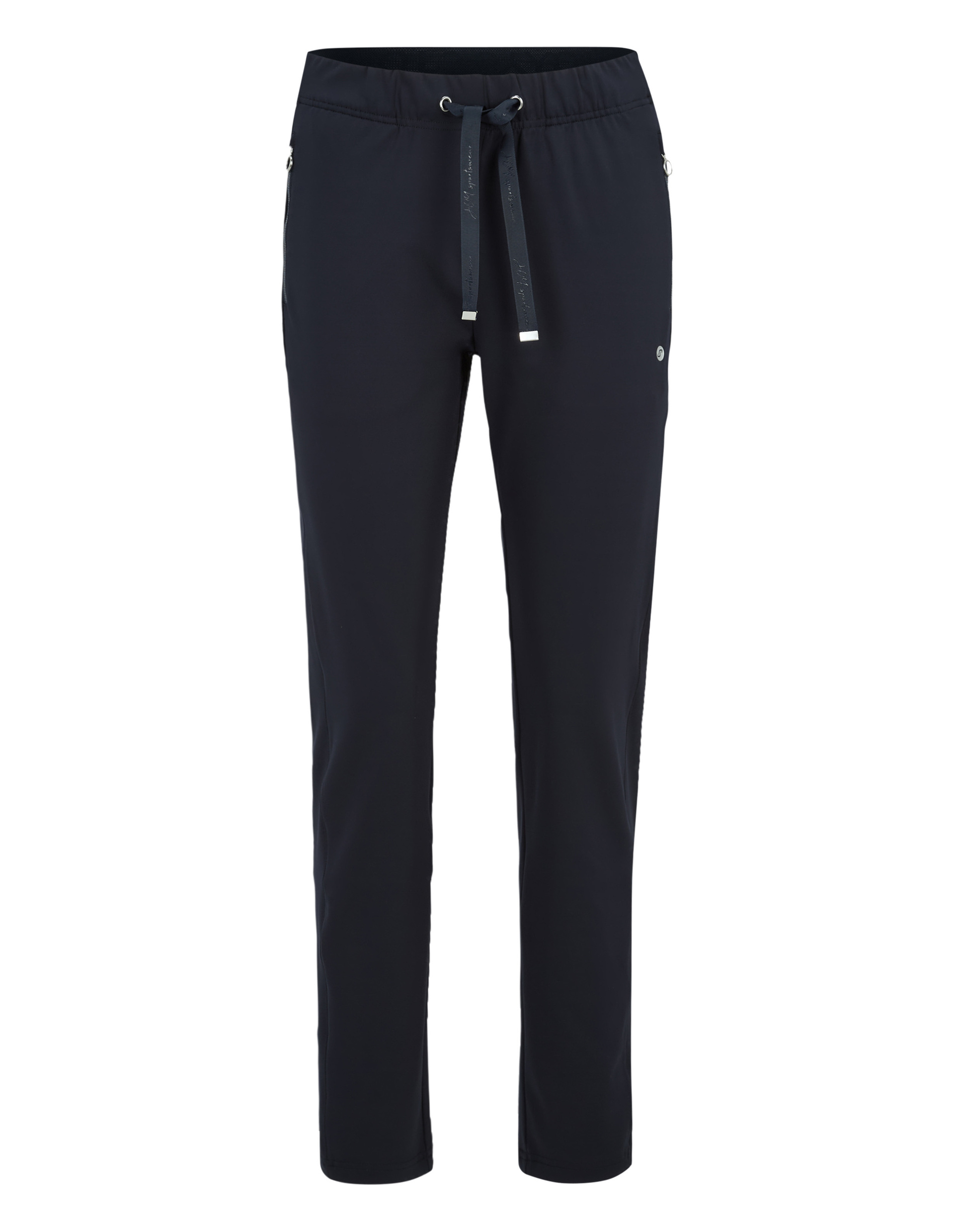 Schwarze, gerade geschnittene Hose mit elastischem Bund, Kordelzug und seitlichen Reißverschlusstaschen.