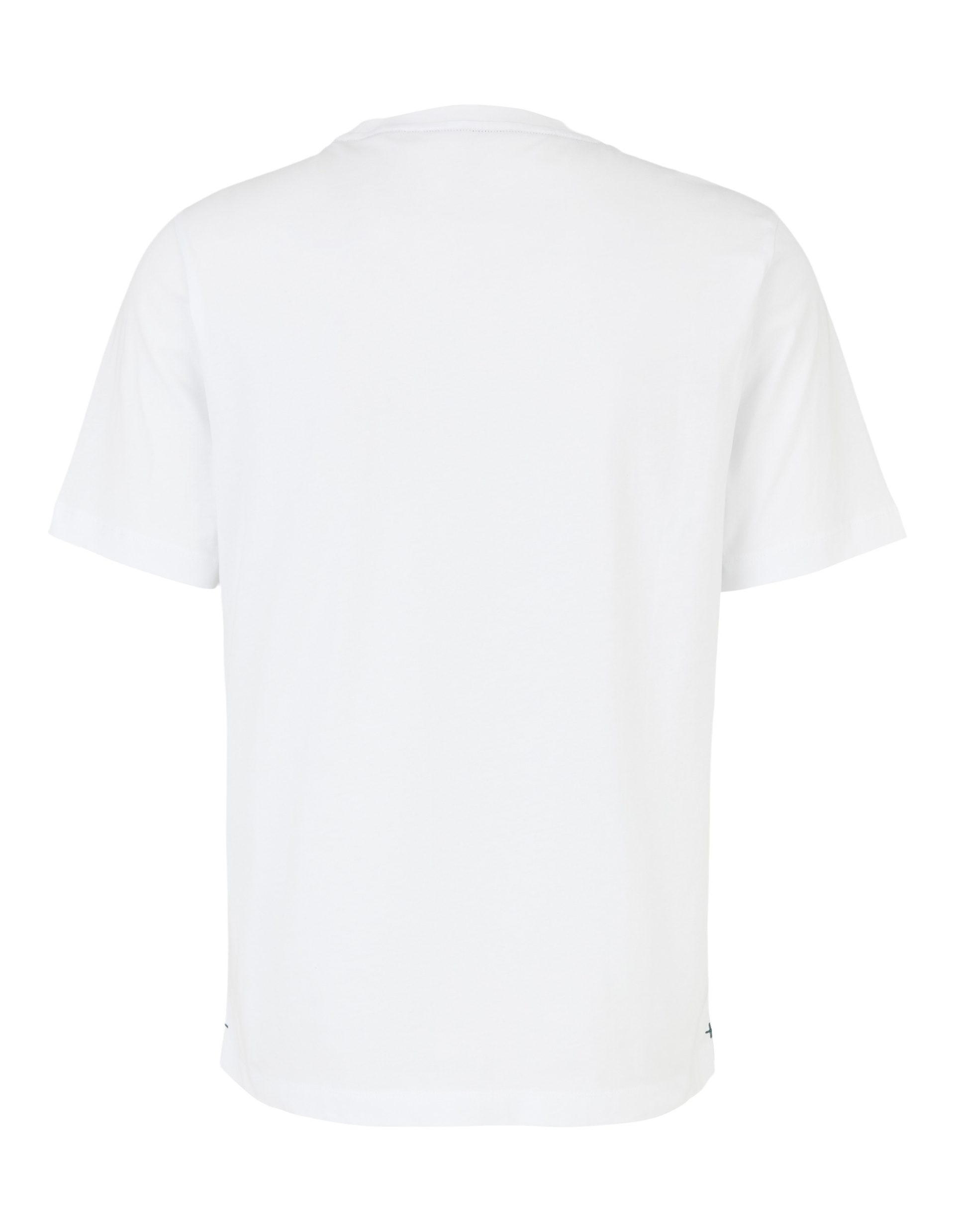 Weißes, kurzärmeliges T-Shirt von hinten fotografiert, einfarbig, mit rundem Halsausschnitt und schlichtem Design.