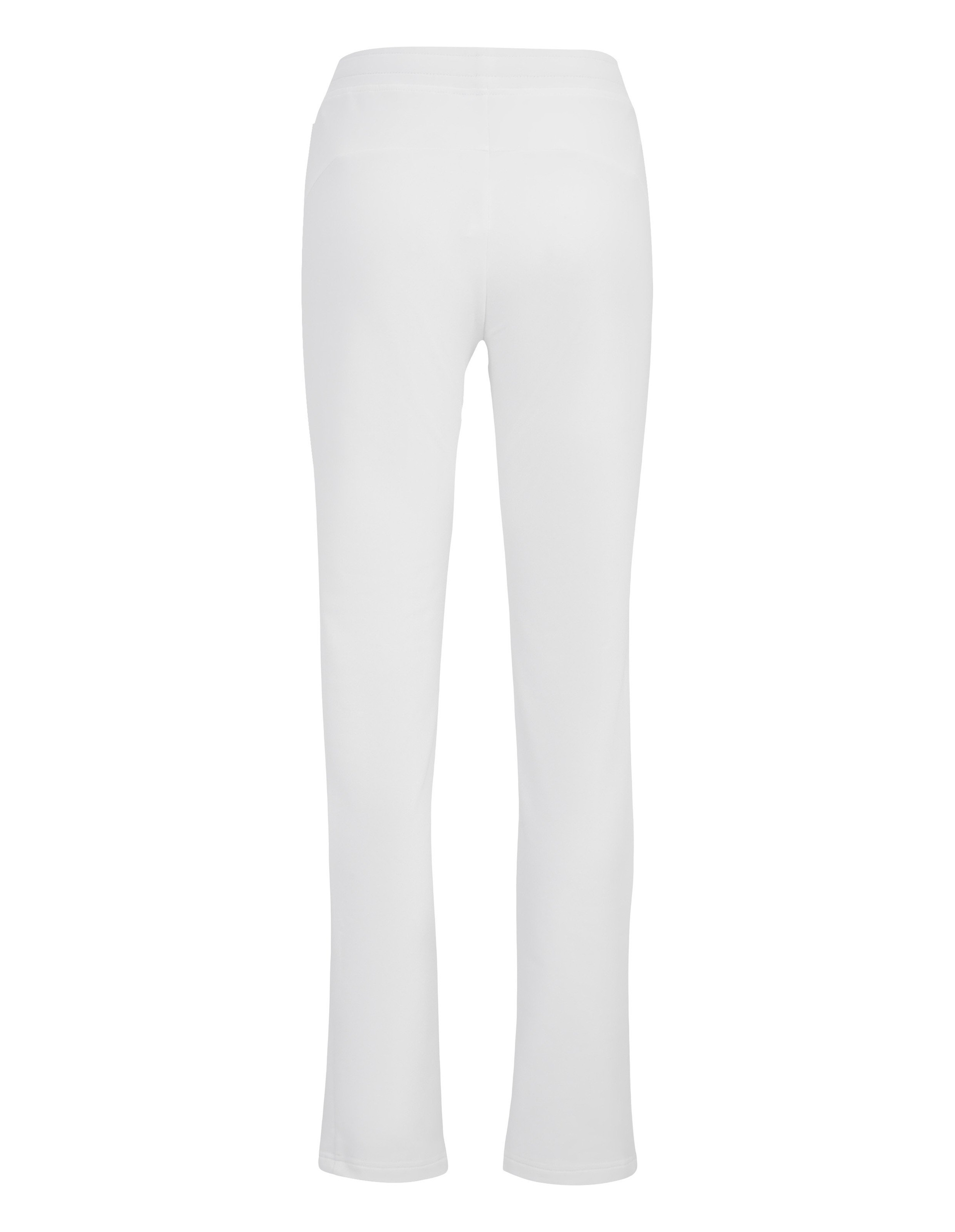 Weiße, gerade geschnittene Hose mit hoher Taille und elastischem Bund, von hinten betrachtet und ohne sichtbare Details.