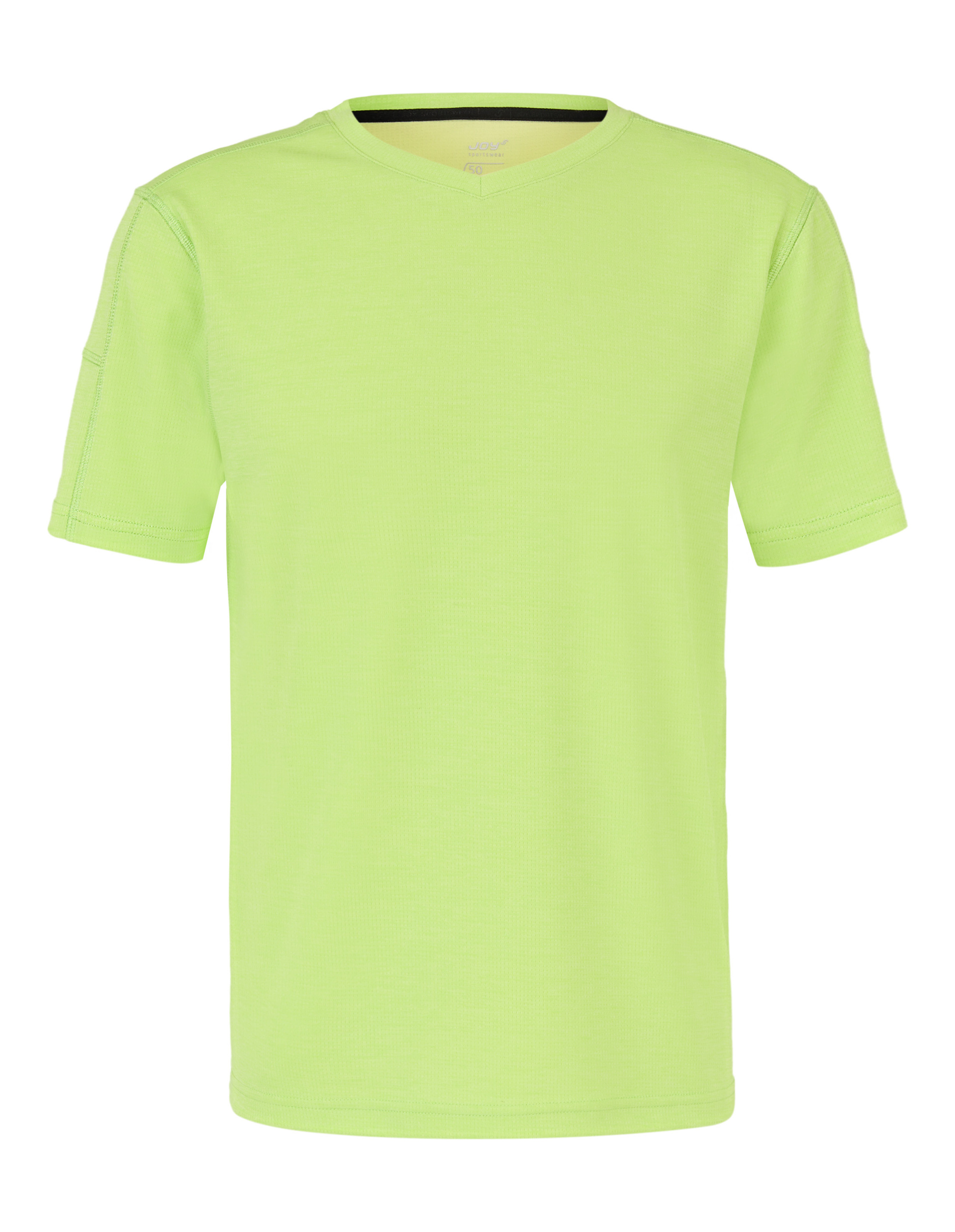 Hellgrünes T-Shirt mit V-Ausschnitt und kurzen Ärmeln, aus leichtem Stoff; wirkt modern und bequem geeignet für Alltag.