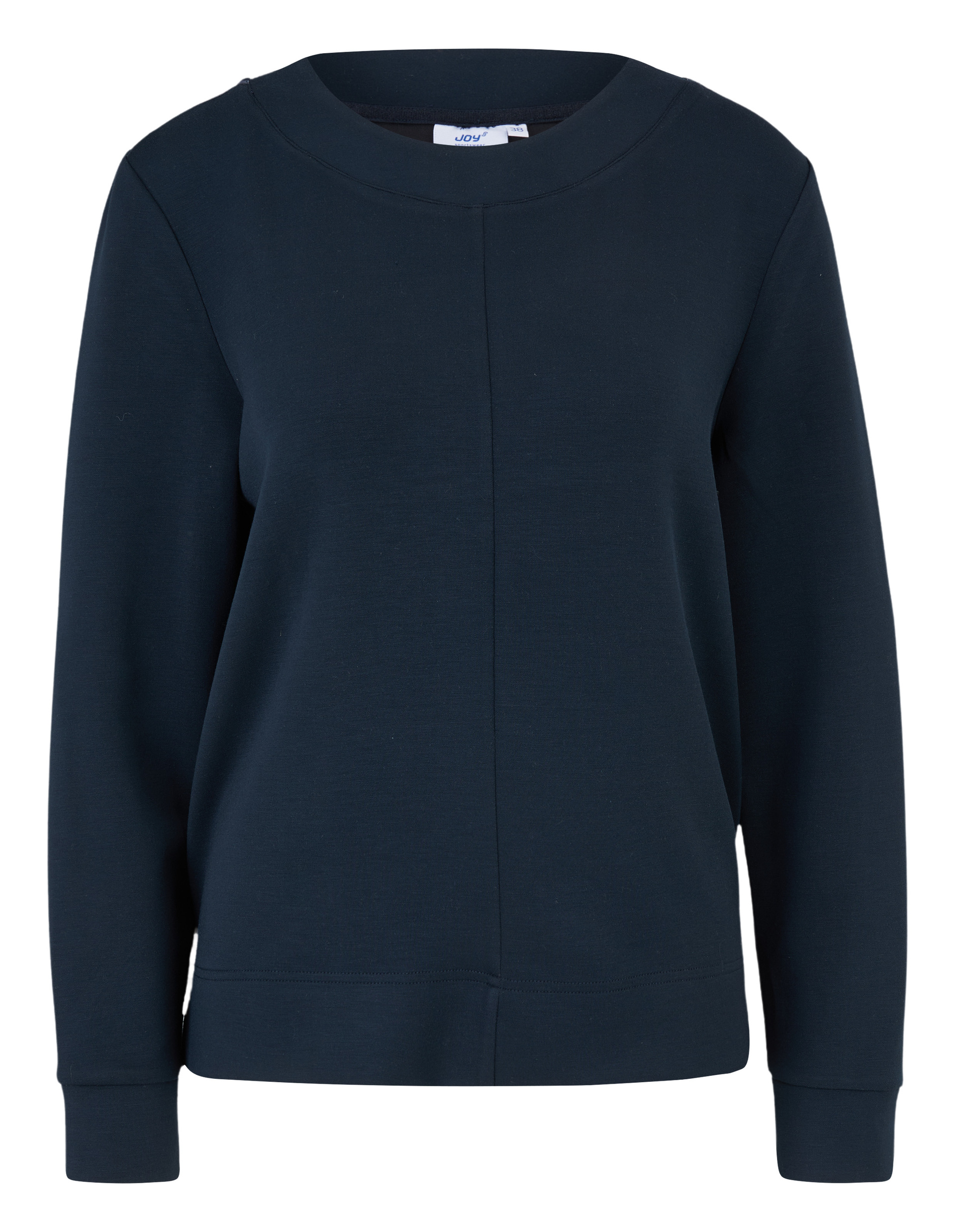 Dunkelblauer, langärmeliger Pullover mit Rundhalsausschnitt, dezentem Design und geraden Nähten auf der Vorderseite.