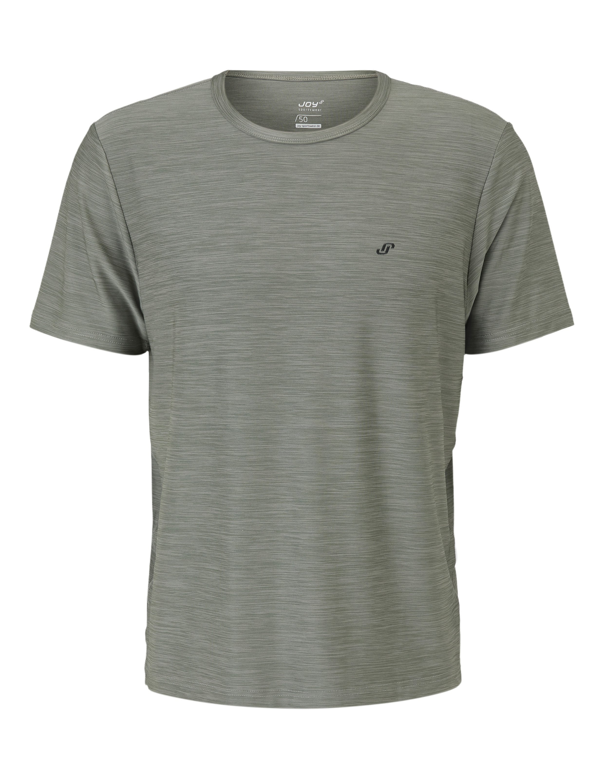 Graues T-Shirt mit feiner Streifenstruktur, Rundhalsausschnitt und kleinem Logo auf der Brust, ideal für sportliche Aktivitäten.