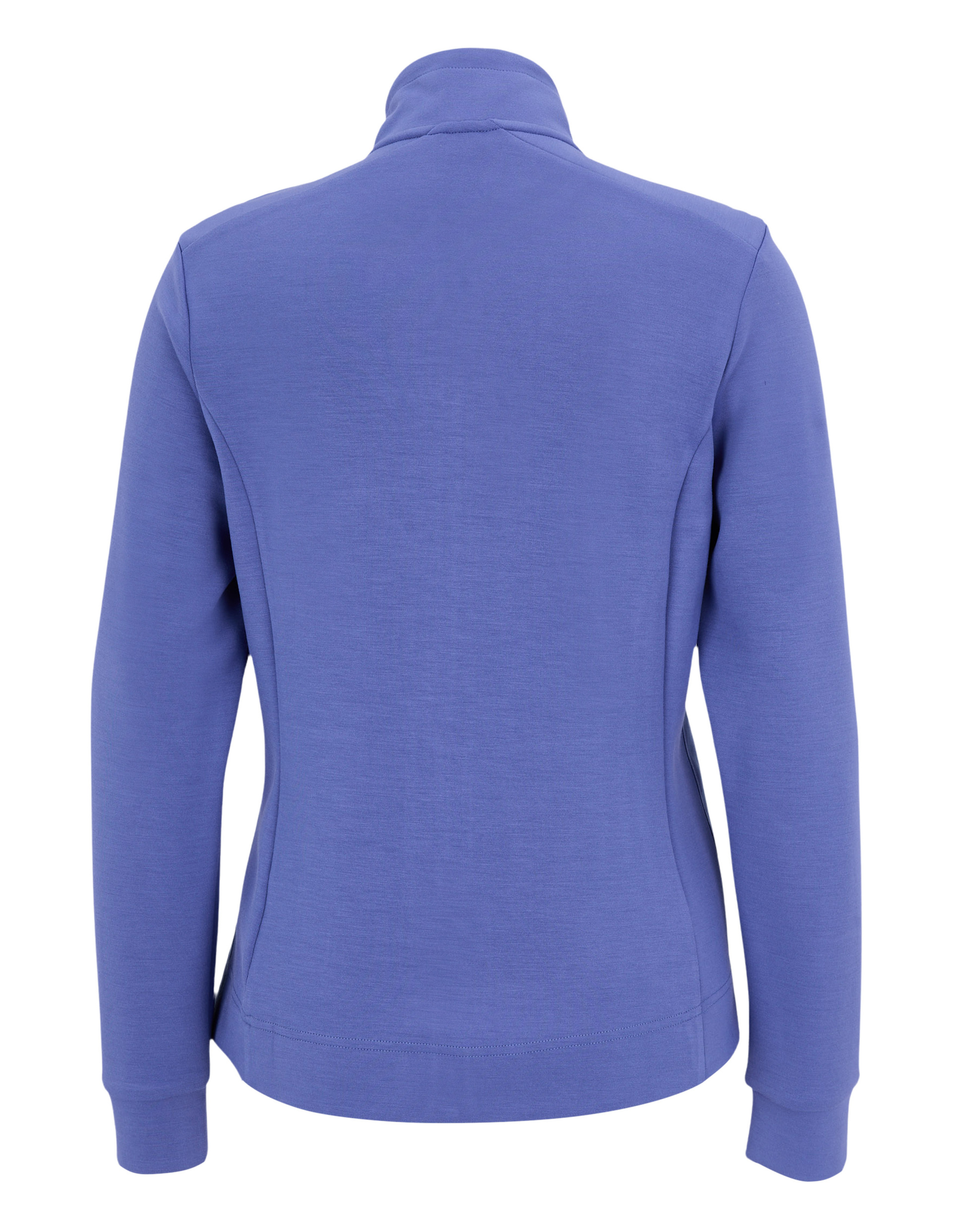 Rückansicht einer blauen Jacke mit Stehkragen und langen Ärmeln, aus weichem Stoff mit glatter Textur und schlichtem Design.