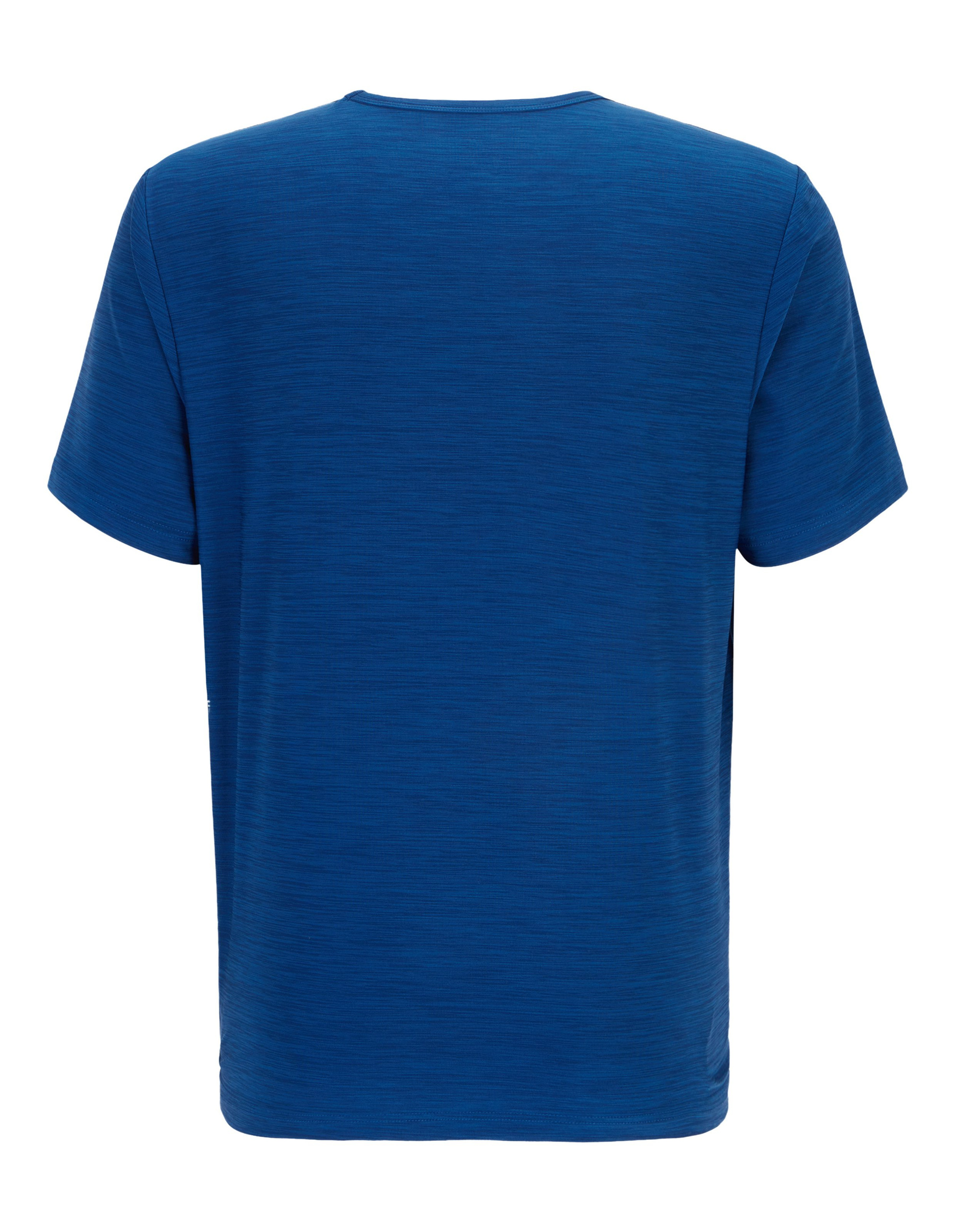 Blaues T-Shirt mit rundem Halsausschnitt, dezentem Logo auf der linken Brust, aus leicht meliertem Stoff, schlicht und sportlich.