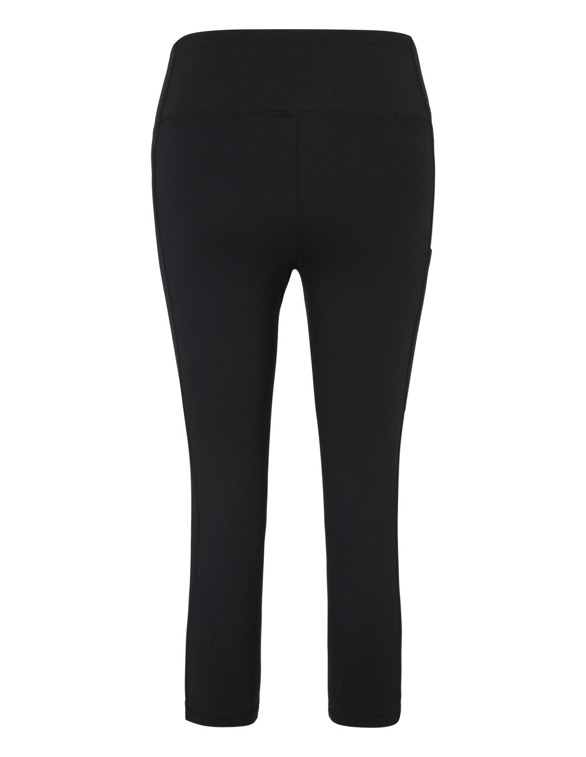 Dreiviertellange, schwarze Leggings mit hohem Bund, aus glattem, elastischem Material, ohne sichtbare Logos oder Muster.