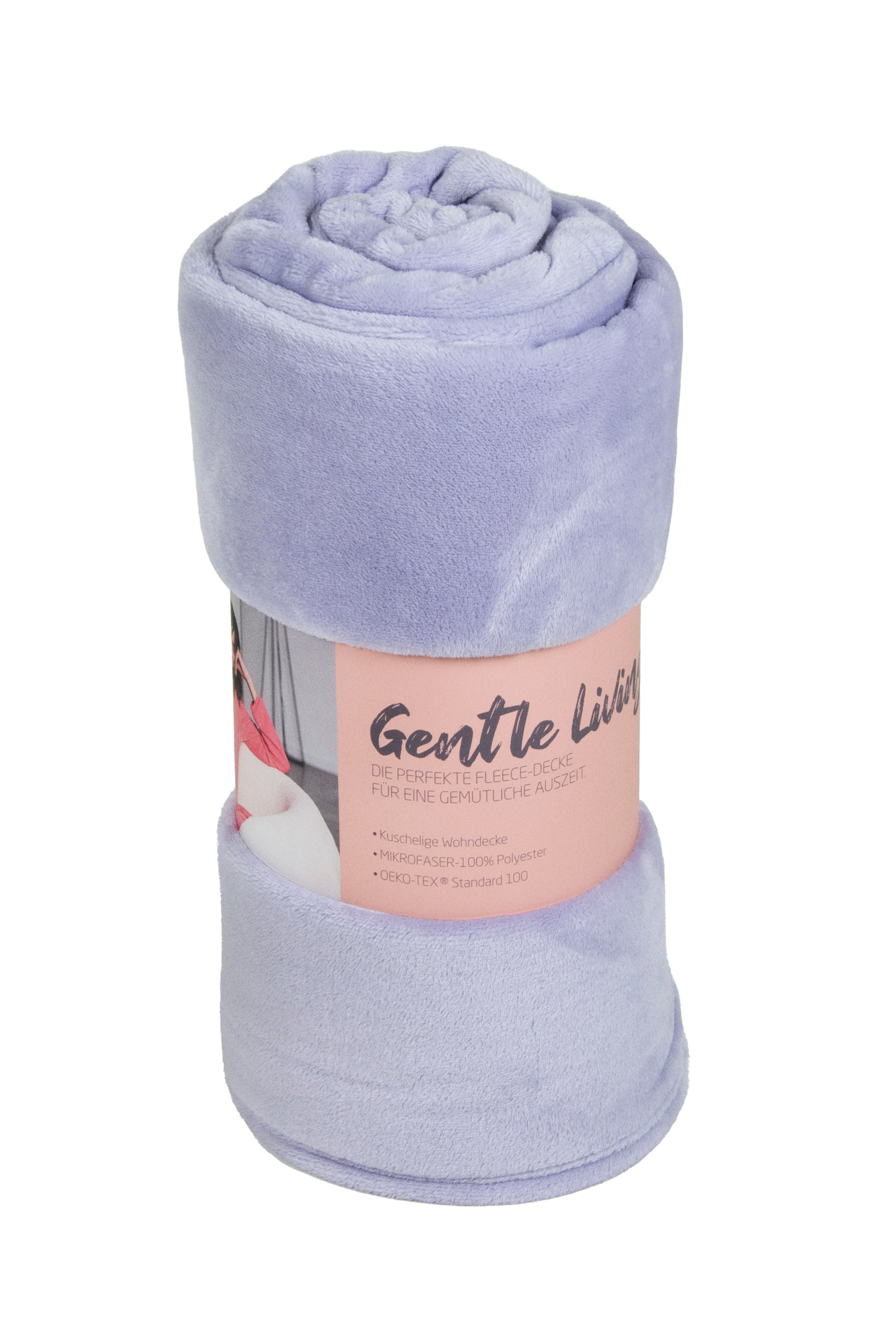 Zusammengerollte, weiche, lilafarbene Fleece-Decke mit Etikett "Gentle Living", bestehend aus 100% Polyester und OEKO-TEX zertifiziert.