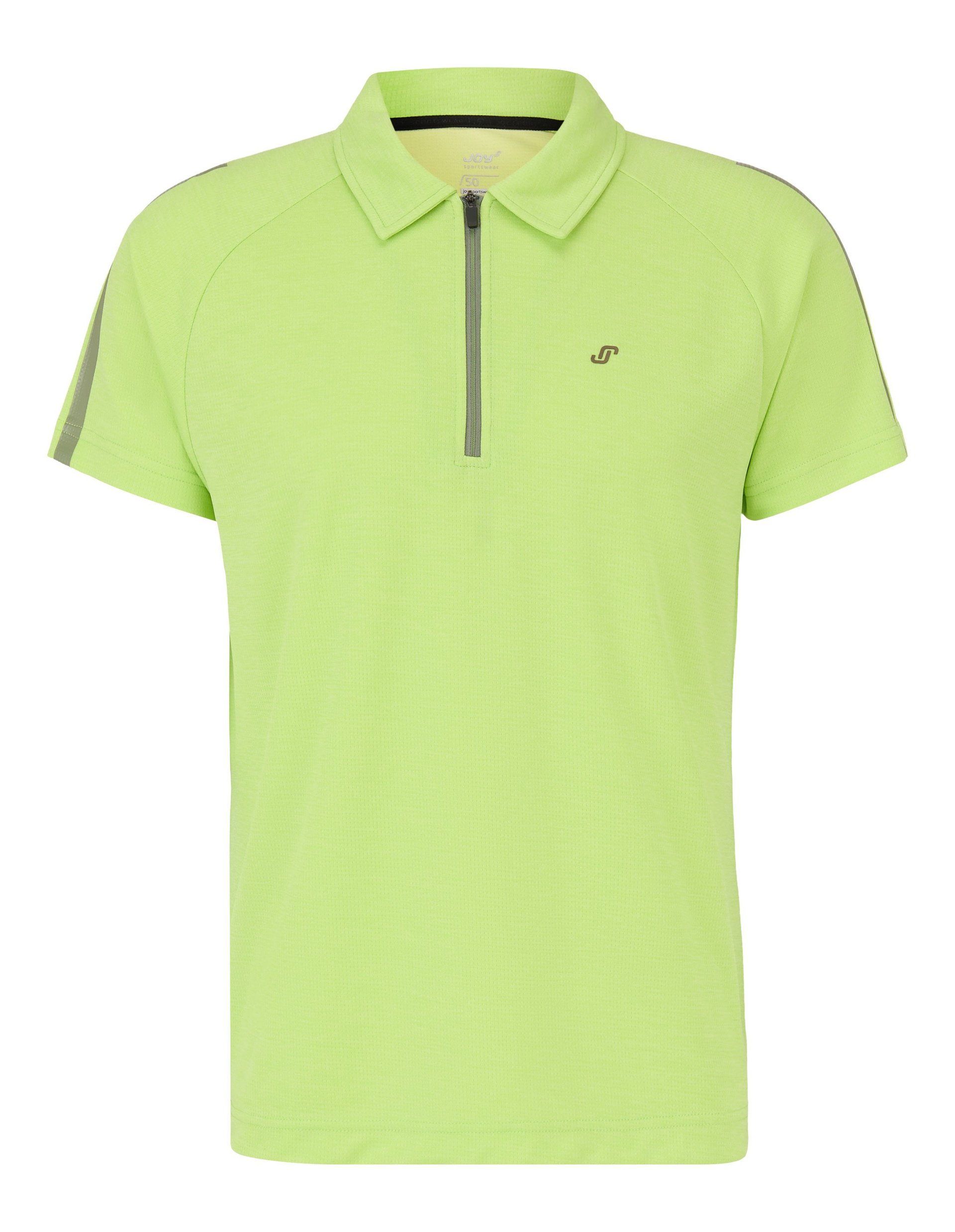 Limettengrünes Polo-Shirt mit kurzem Reißverschluss am Kragen, kurzem Arm und dezentem Logo auf der Brust.