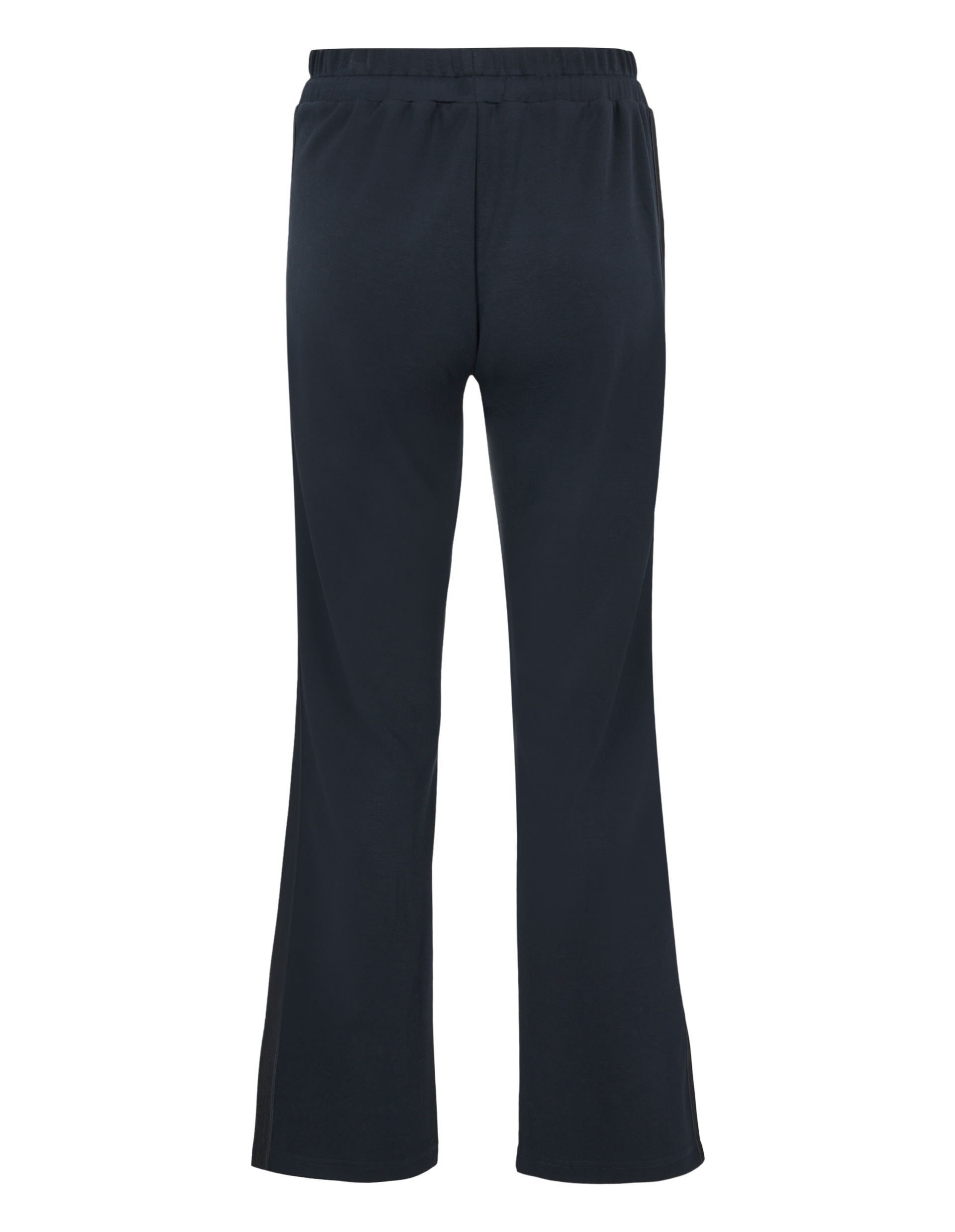 Weite schwarze Hose aus Baumwolle mit elastischem Bund, locker fallend, von hinten gezeigt auf weißem Hintergrund.