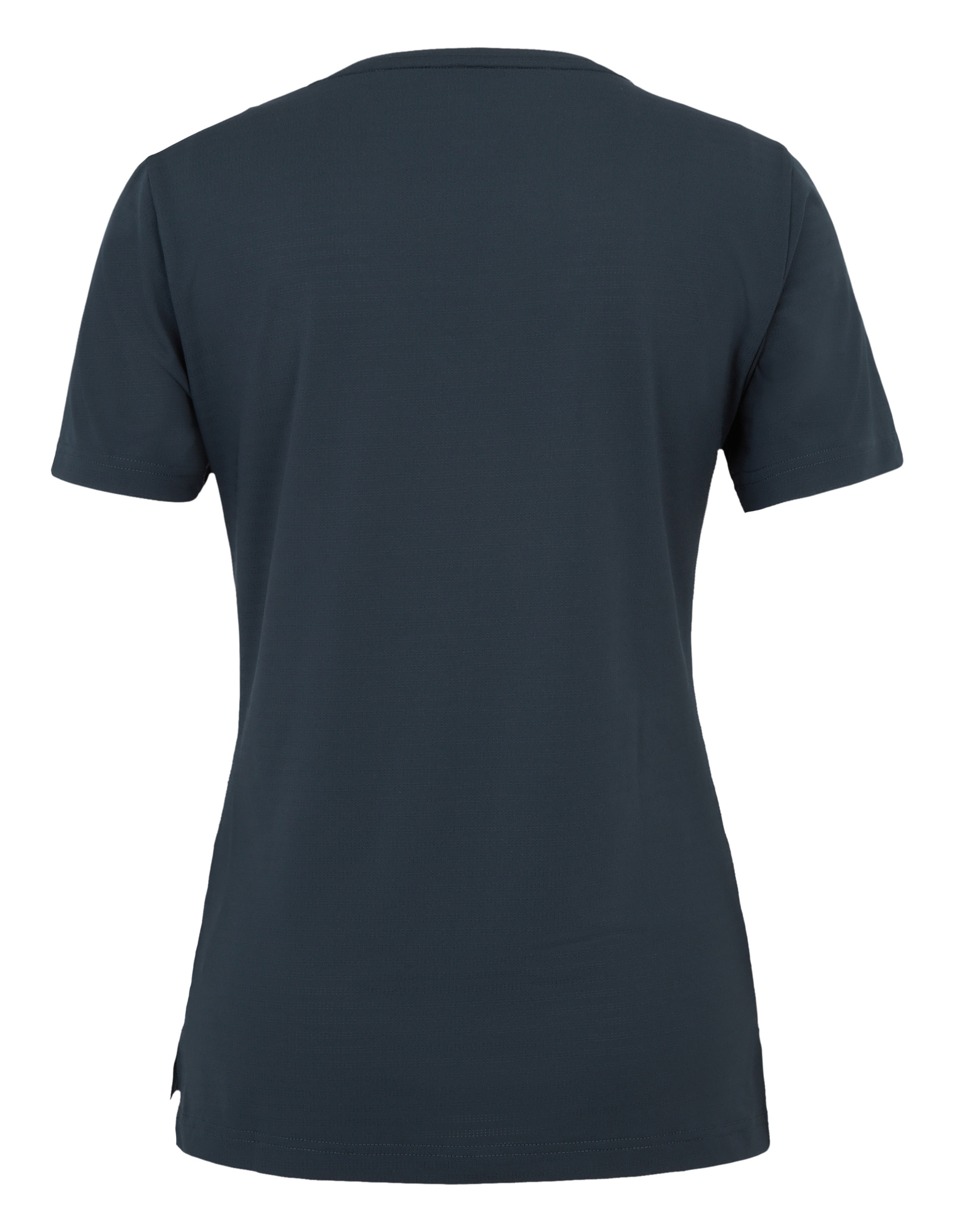 Ein dunkelblaues T-Shirt mit kurzen Ärmeln, Rückansicht, schlichtes Design ohne Aufdruck oder Muster.