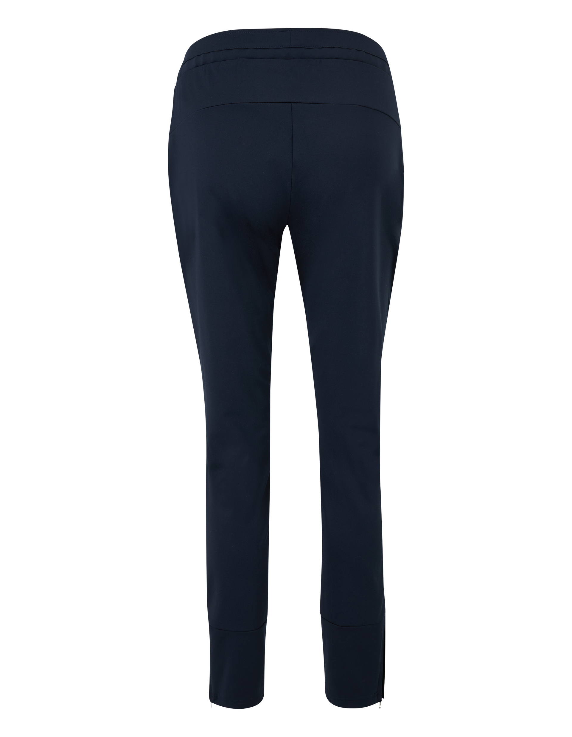 Dunkelblaue Damenhose von hinten, mit schmalem Schnitt, elastischem Bund und Reißverschlüssen an den Knöcheln für eine elegante Passform.