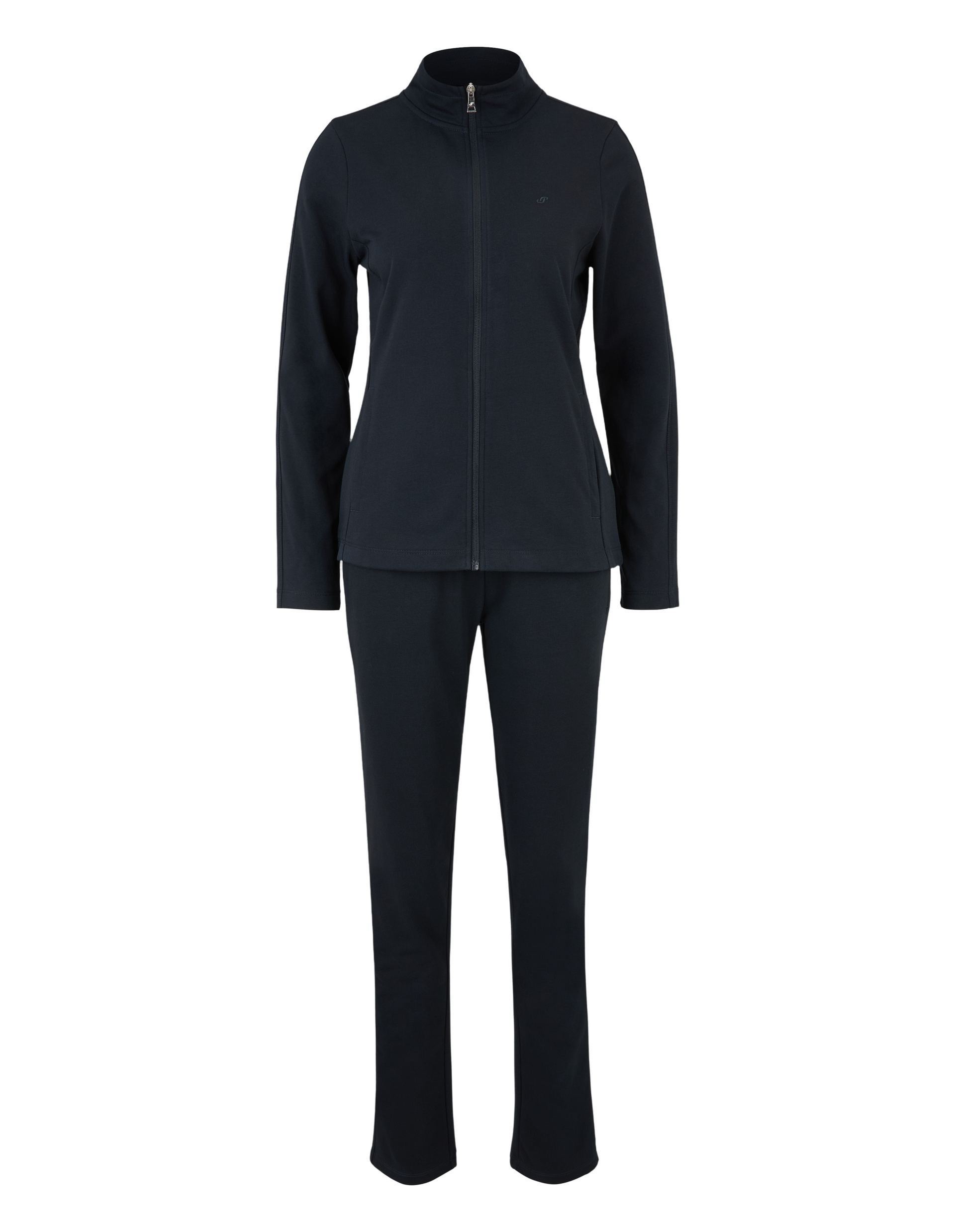 Ein dunkelblauer Trainingsanzug mit Jacke und Reißverschluss, sowie passenden langen Hosen, dargestellt auf weißem Hintergrund.