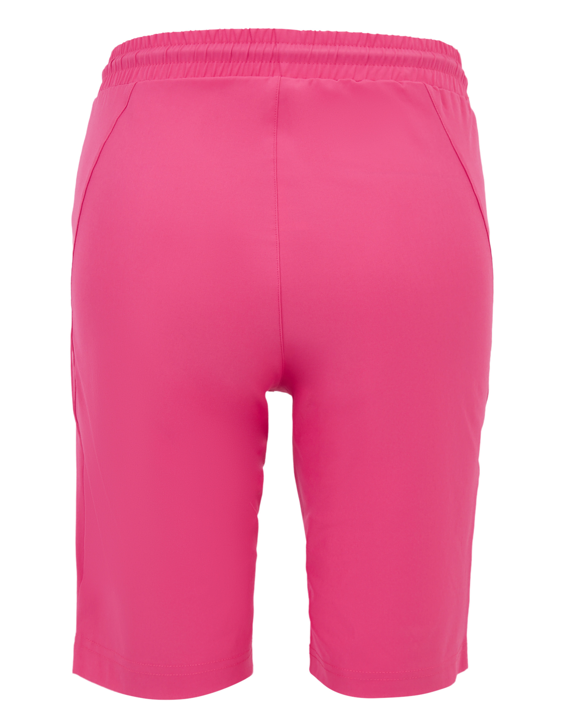 Knielange, pinke Shorts mit elastischem Bund aus glattem Stoff, ohne sichtbare Muster oder Logos, Rückansicht.