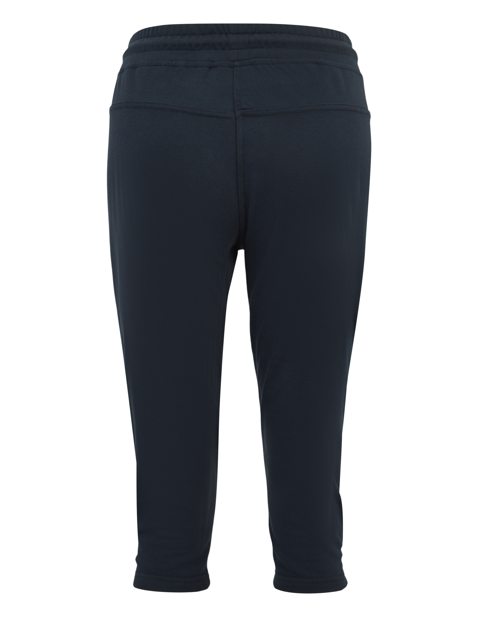 Eine schwarze Jogginghose in Dreiviertellänge, von hinten gesehen, mit elastischem Bund und geraden, schmalen Beinabschlüssen.