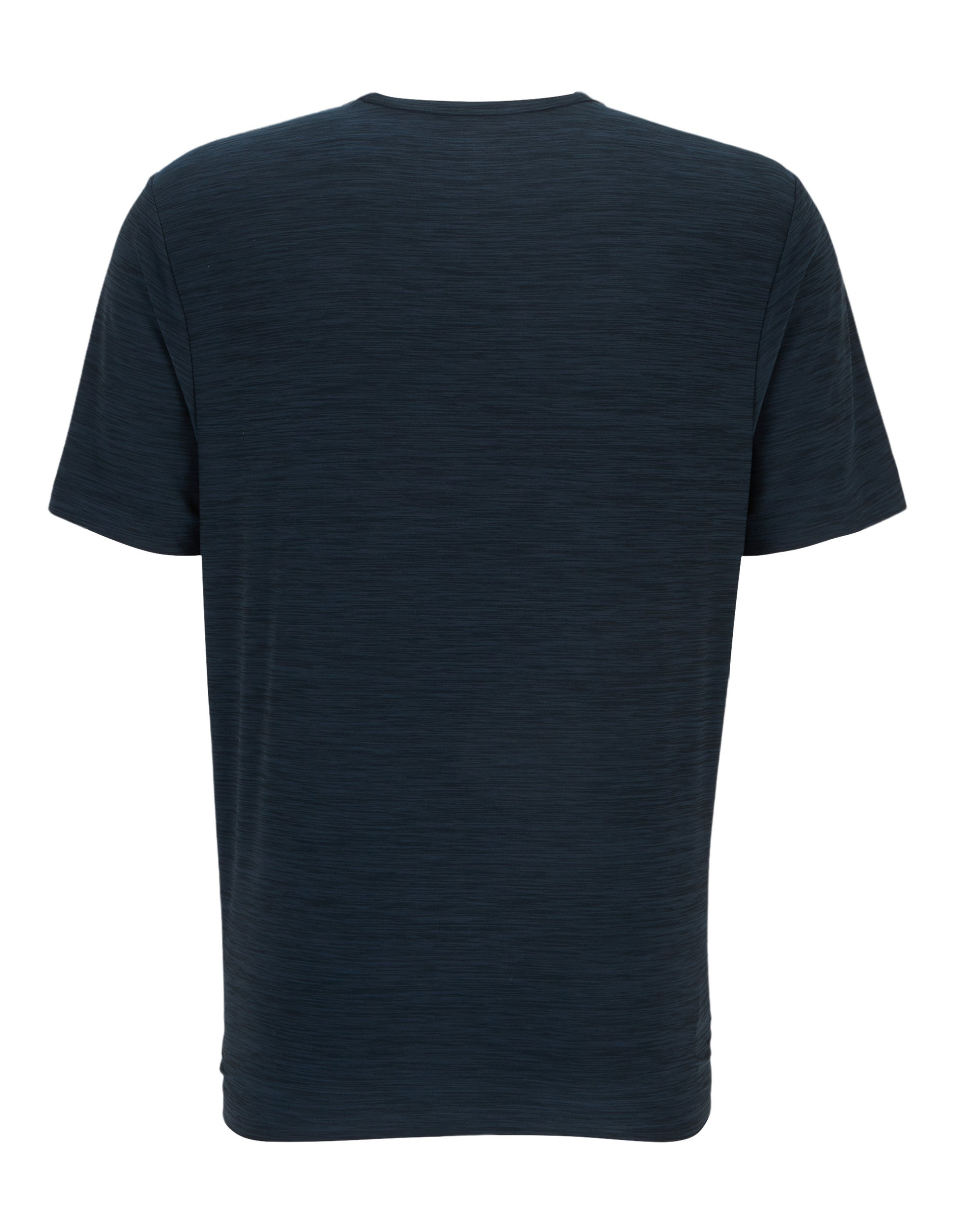 Dunkelblaues T-Shirt mit kurzen Ärmeln und rundem Halsausschnitt, ohne Aufdruck, aus leicht meliertem Stoff, Ansicht von hinten.