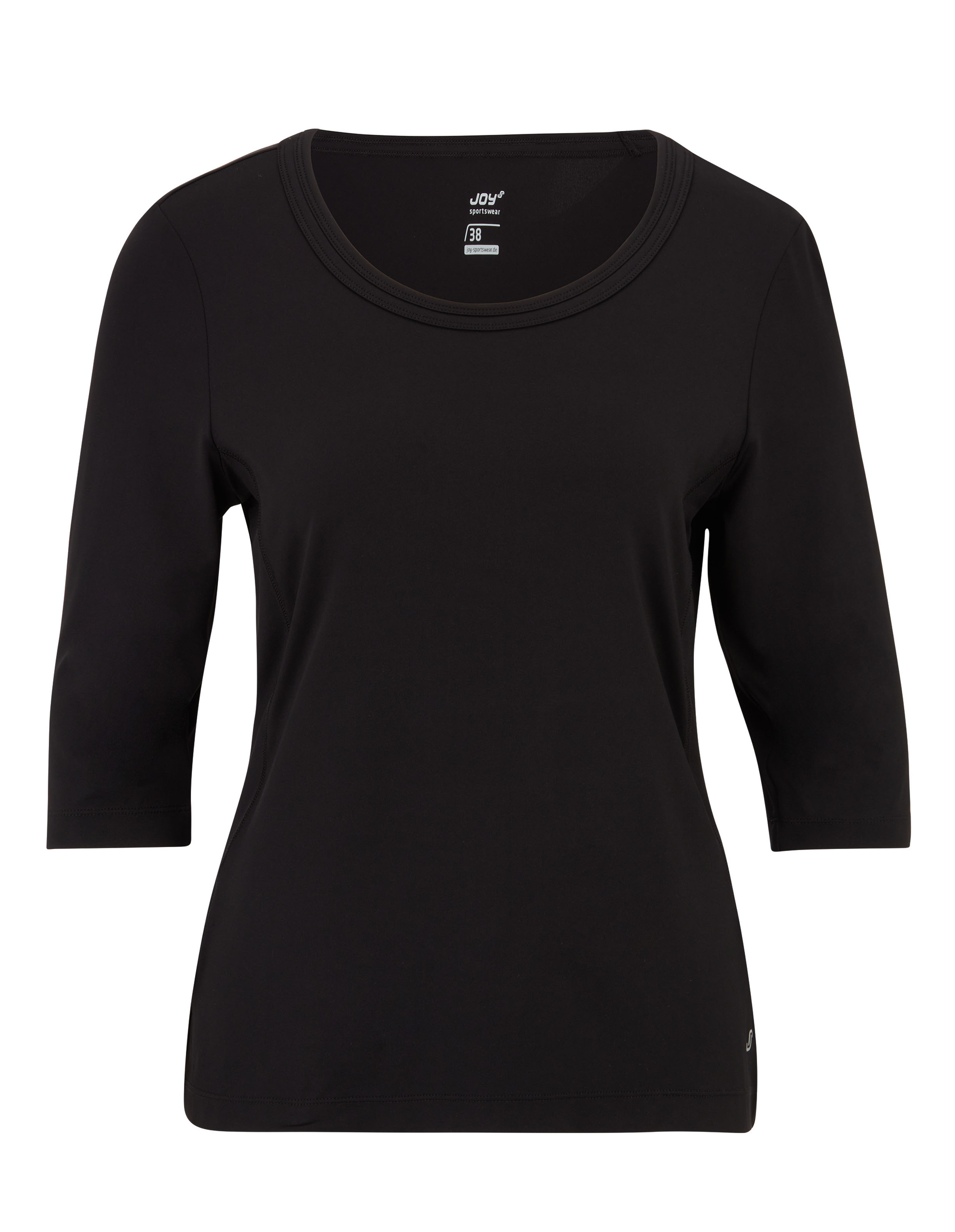 Schwarzes, dreiviertelärmeliges Damen-Top mit rundem Ausschnitt, schlichtem Design und kleiner Logostickerei am Saum.