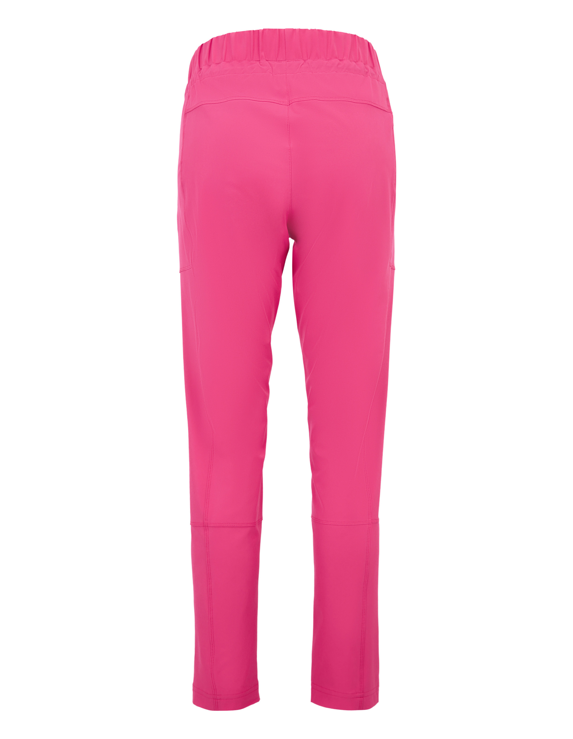 Rückansicht einer pinken, elastischen Hose mit elastischem Bund und geradem Schnitt, ideal für sportliche Aktivitäten.