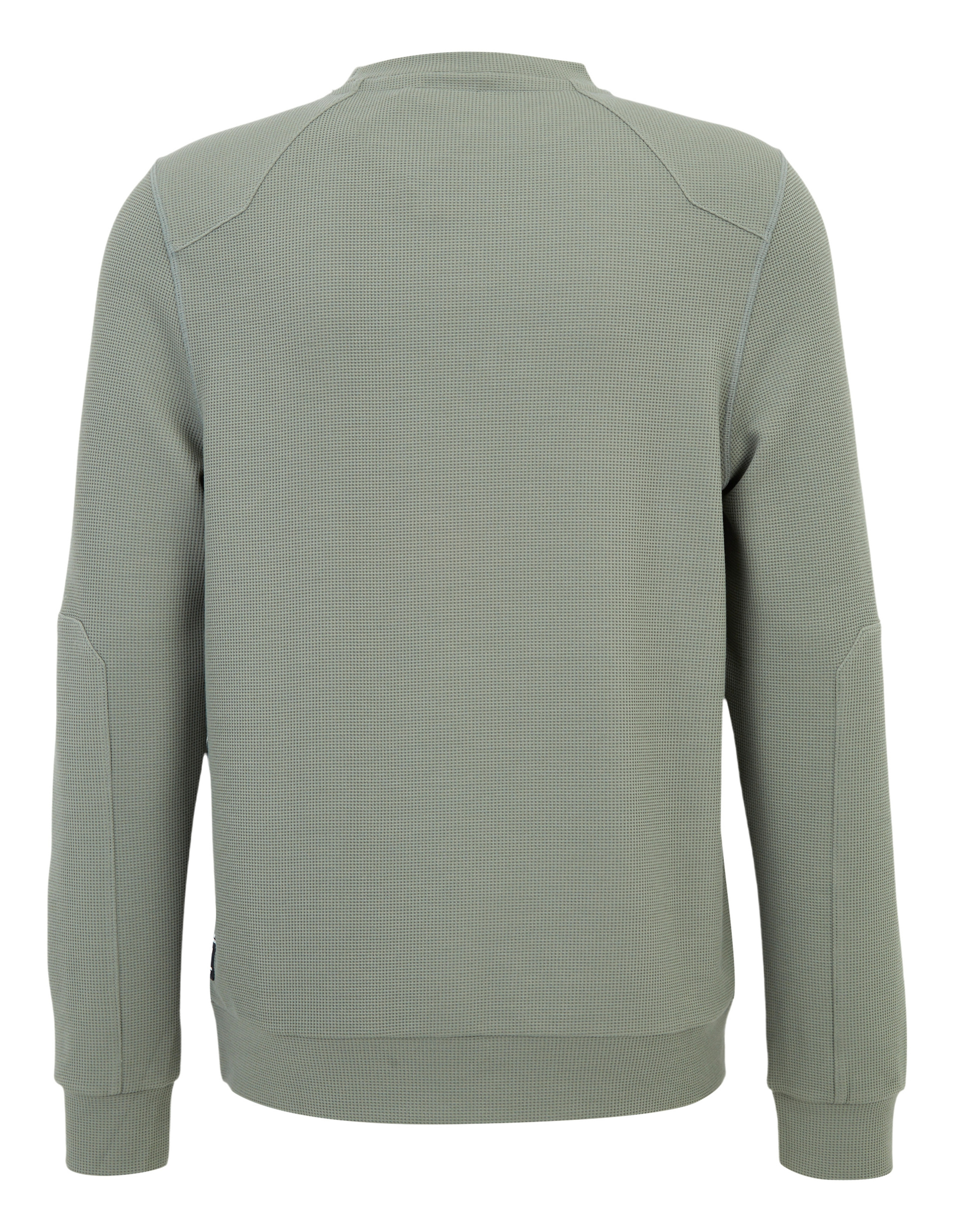 Grauer Pullover mit Rundhalsausschnitt und langen Ärmeln, gefertigt aus strukturiertem Stoff mit dezentem, geometrischem Muster.