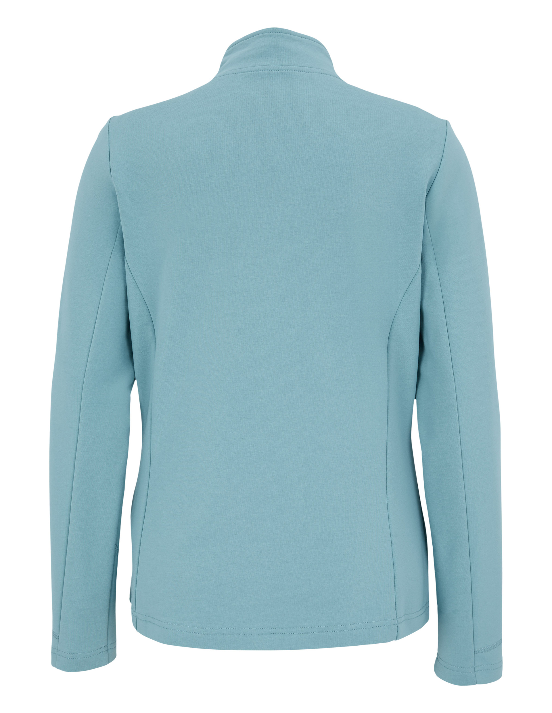 Hellblaue, langärmelige Jacke mit Stehkragen und schlichtem Design, in Rückansicht dargestellt.