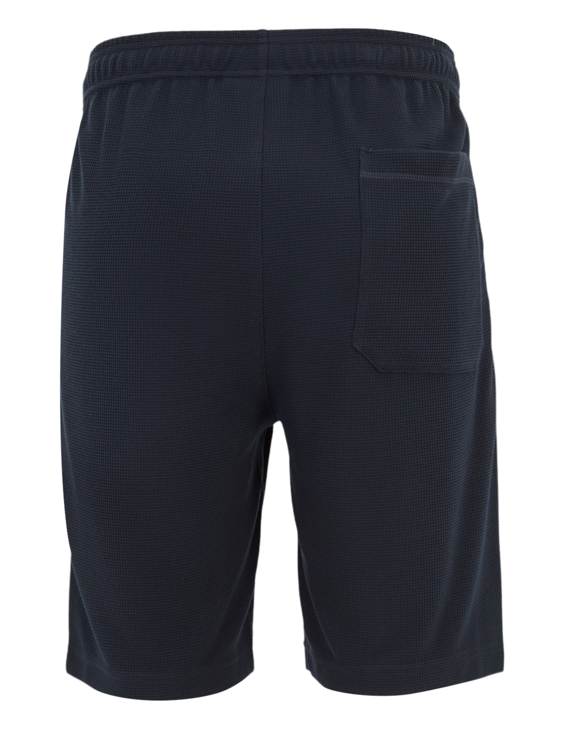 Dunkelblaue Sportshorts aus leichtem Material mit elastischem Bund und einer Tasche rechts hinten, Ansicht von hinten.
