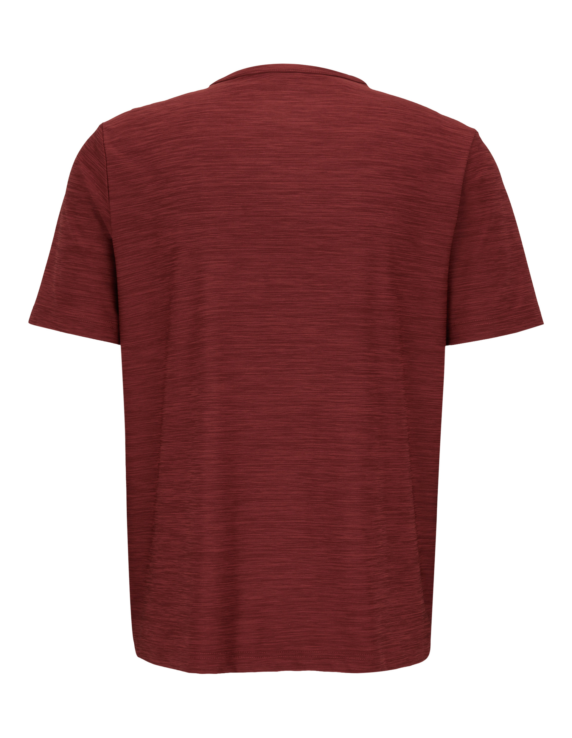 Rotes T-Shirt aus meliertem Stoff mit kurzen Ärmeln und Rundhalsausschnitt, von hinten gesehen.