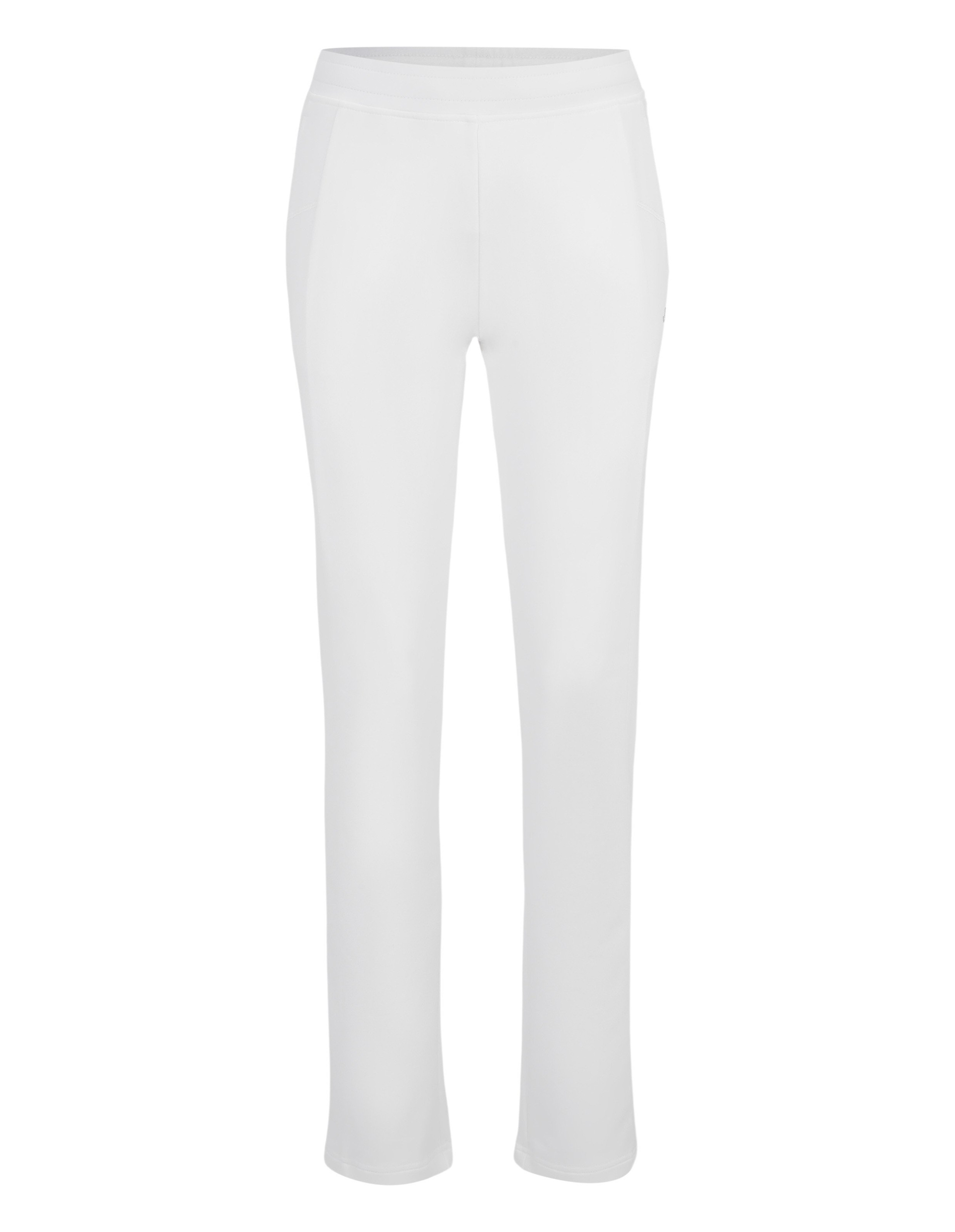 Weiße, schlichte Damenhose in gerade geschnittener Form aus glattem Stoff, geeignet für lässige Anlässe oder sportliche Aktivitäten.