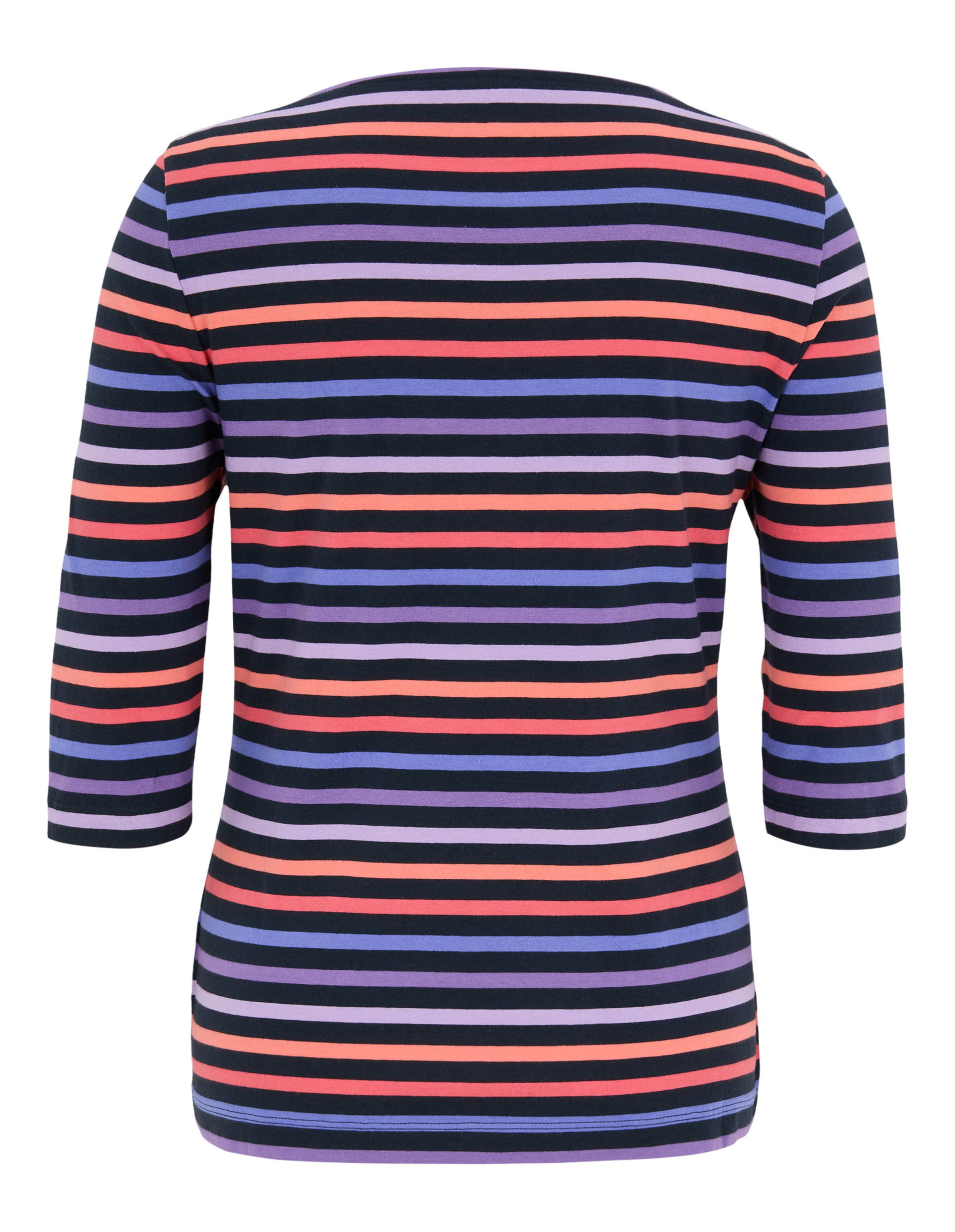 Langärmliges Oberteil mit lila, schwarzen, roten und blauen horizontalen Streifenmuster, rückseitig abgebildet.