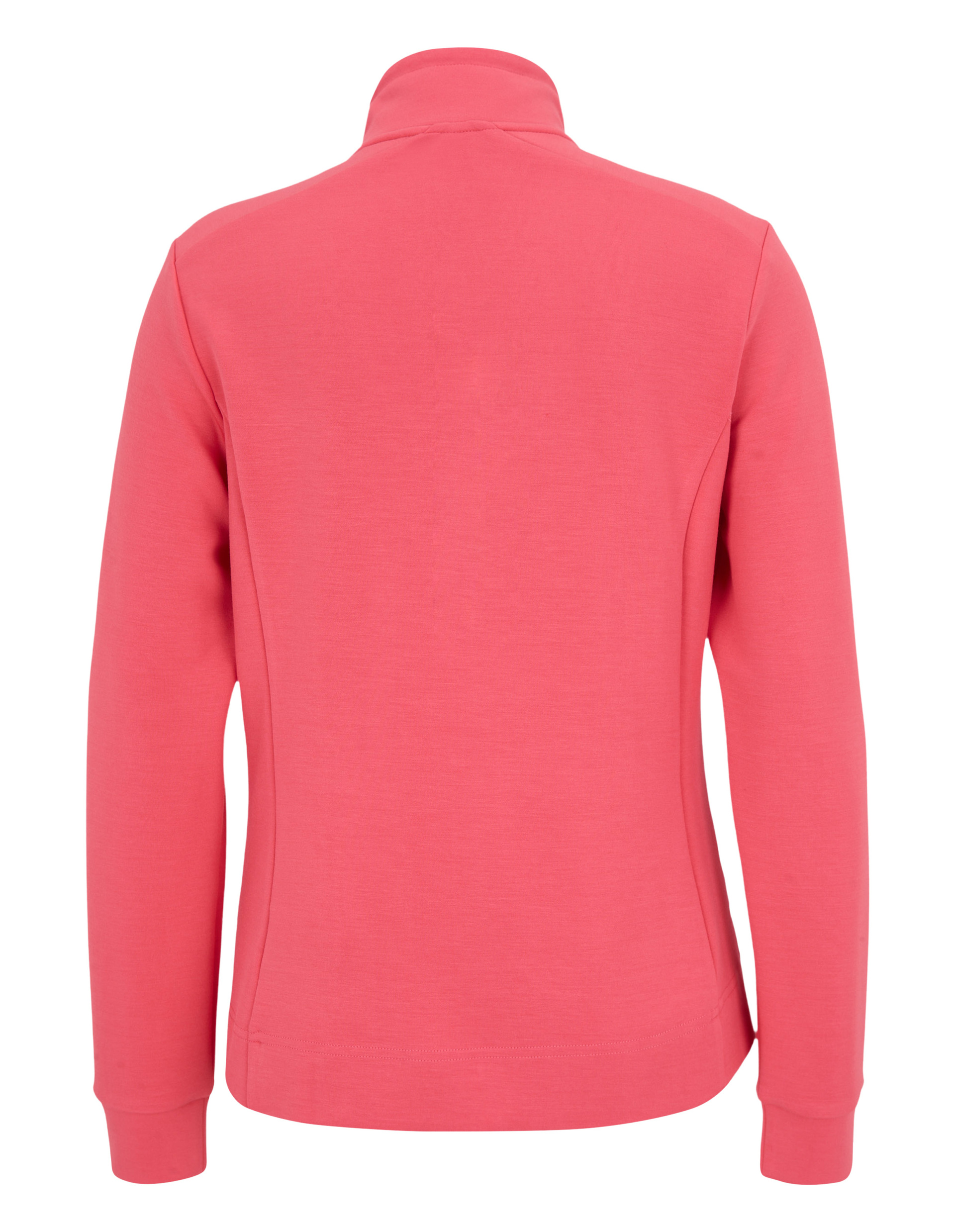 Rückansicht einer rosafarbenen Jacke aus weichem Stoff mit Stehkragen und langen Ärmeln, schlichtes Design ohne sichtbare Details.