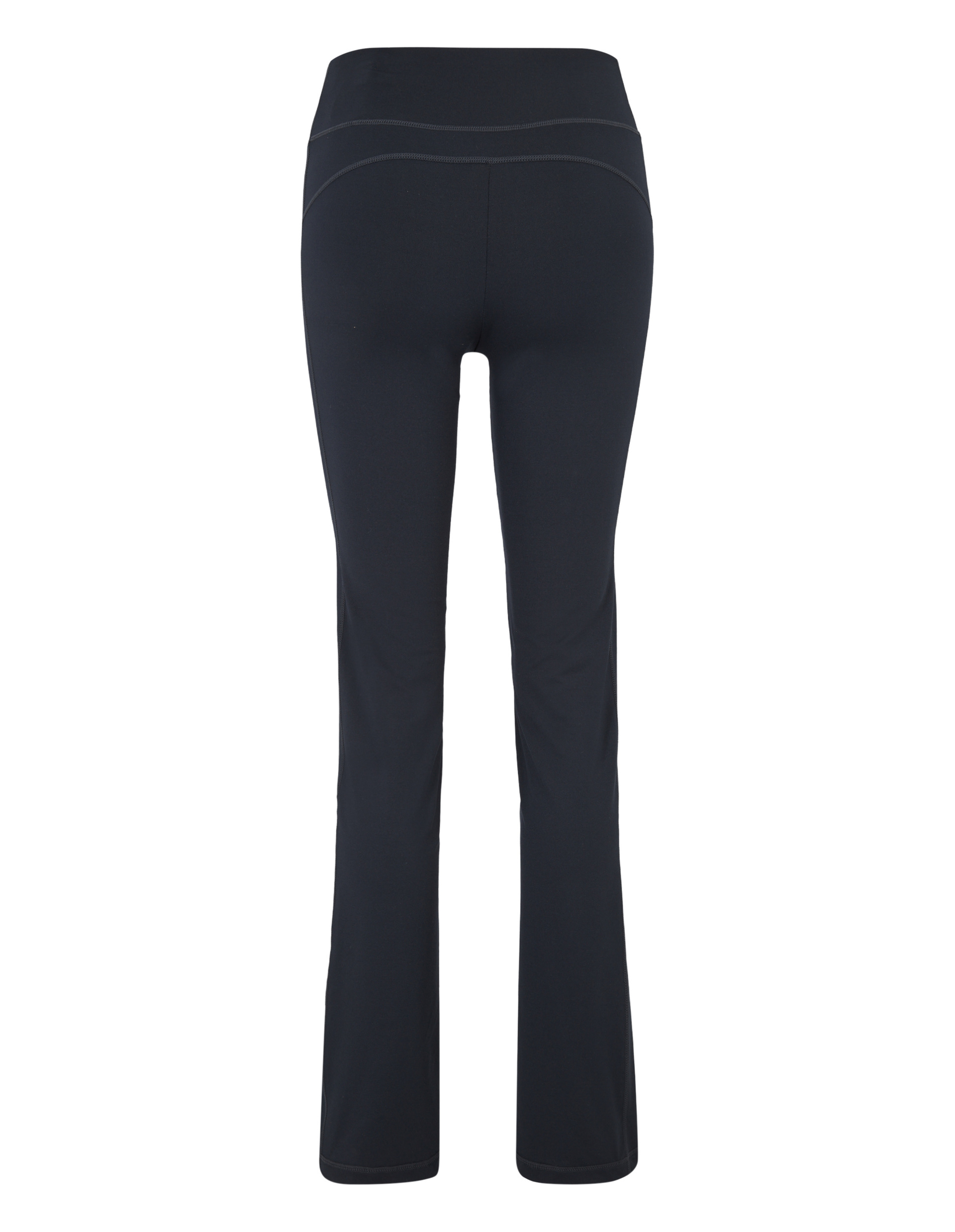 Schwarze, taillenhohe Yogahose mit weitem Bein und dehnbarem Material, ideal für Komfort und Bewegungsfreiheit beim Sport.