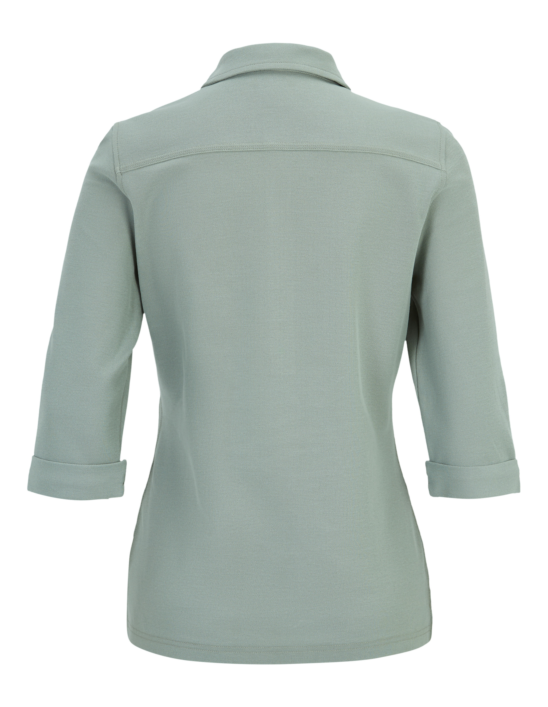 Grünes langärmeliges Poloshirt mit Knopfleiste und aufgesetzter Brusttasche, leicht strukturierter Stoff und umgeschlagene Ärmelbündchen.
