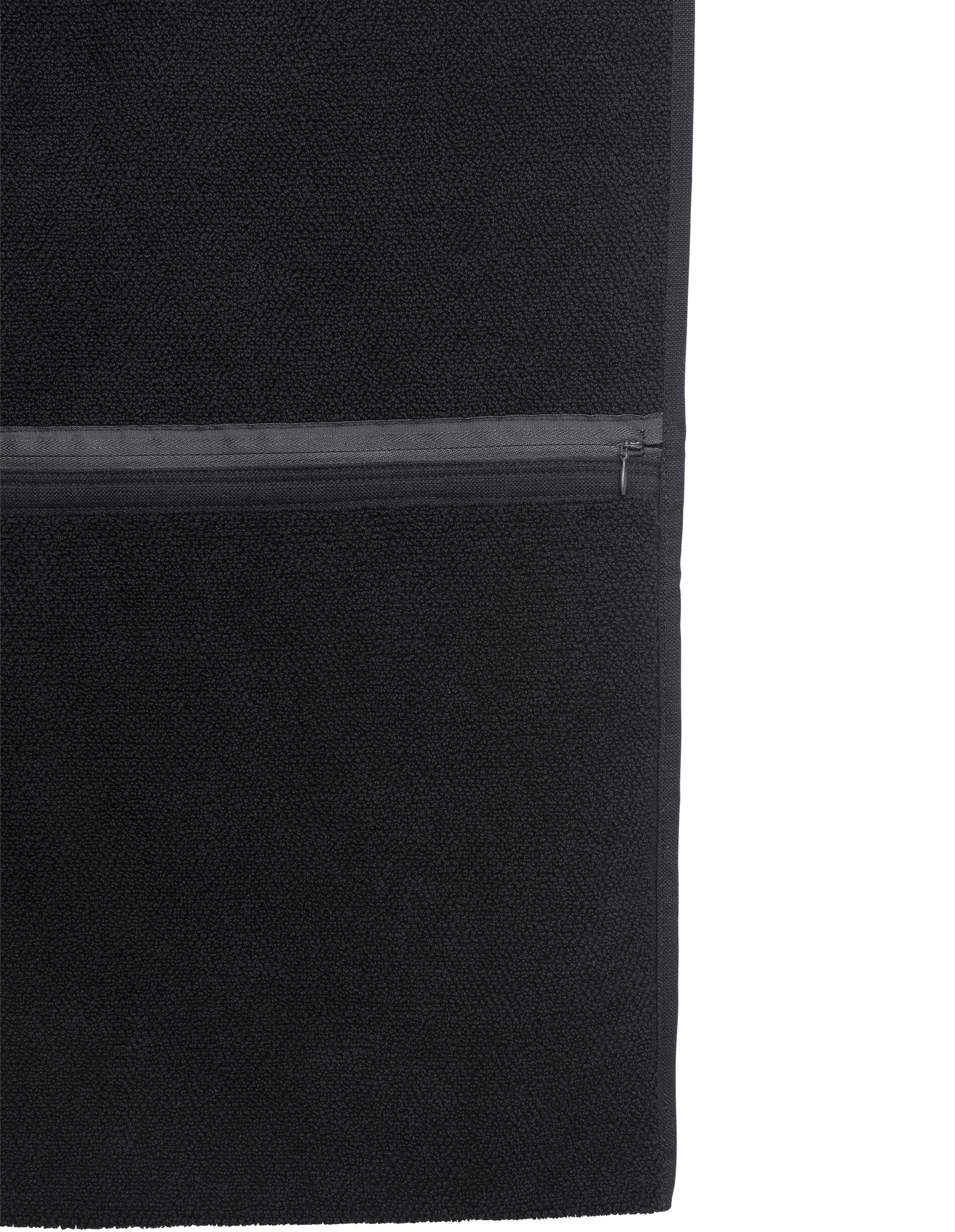 Schwarze, strukturierte Tasche mit Reißverschluss in der Mitte, aus weichem Material, zeigt robustes und funktionales Design.